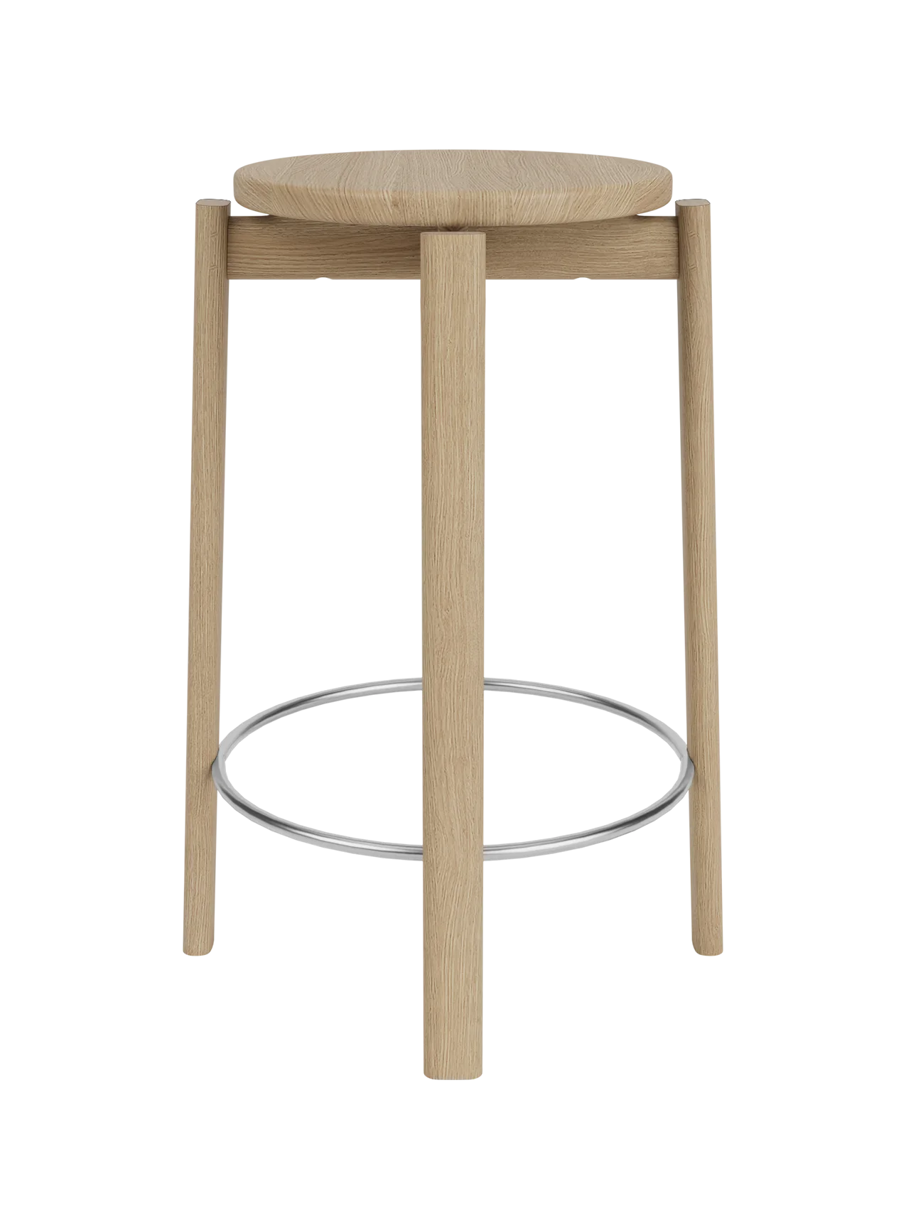 A front view of the Passage Counter Stool in natural oak, showing its round seat, three legs, and stainless steel footrest.