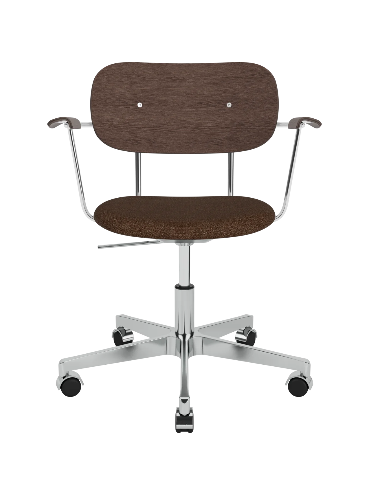 Co Task Chair featuring a brown Bouclé seat, dark stained oak back and armrests, on a polished aluminium swivel base.