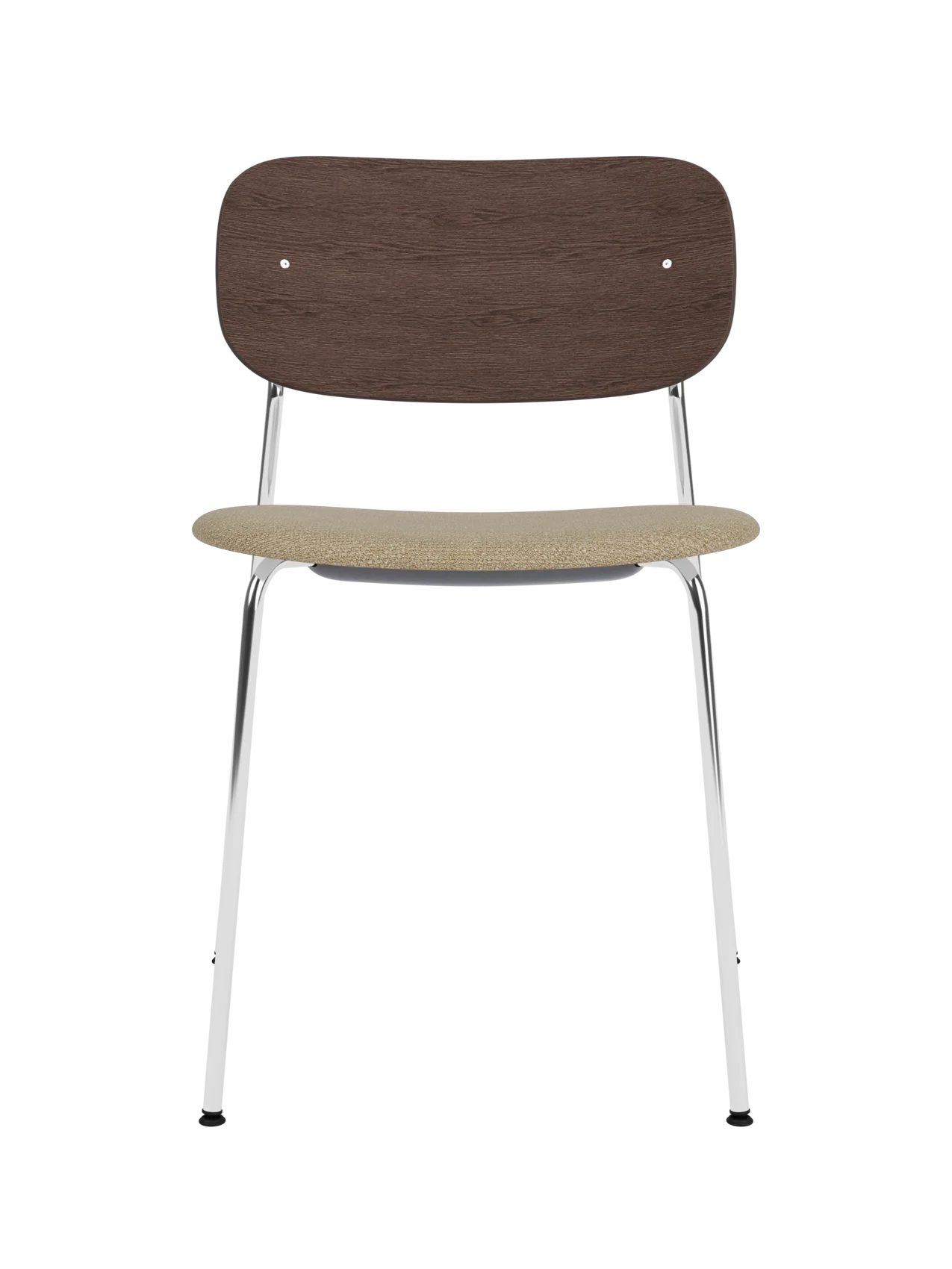 Co Dining Chair with a sleek chrome frame, dark stained oak backrest and beige bouclé upholstered seat.