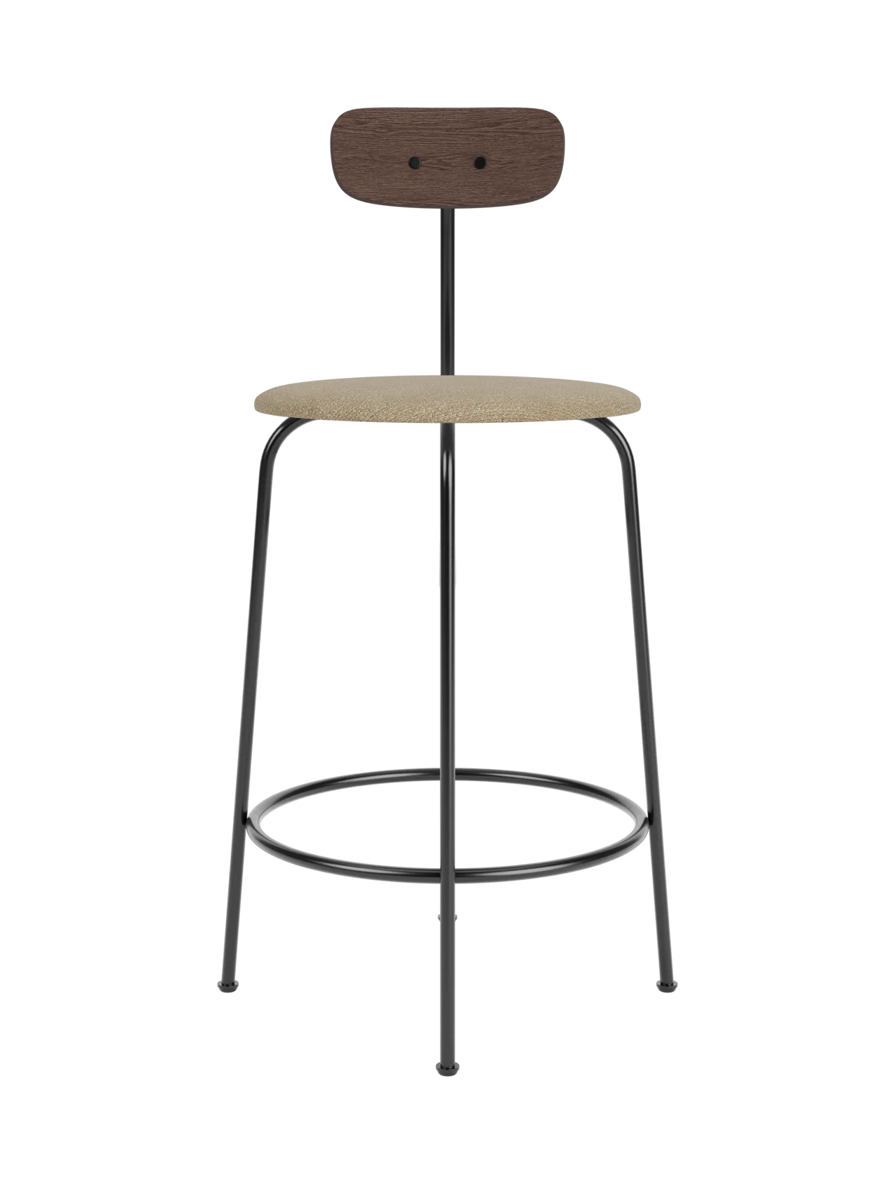 Afteroom Counter Chair with a beige bouclé seat, dark stained oak backrest and minimalist black steel frame.