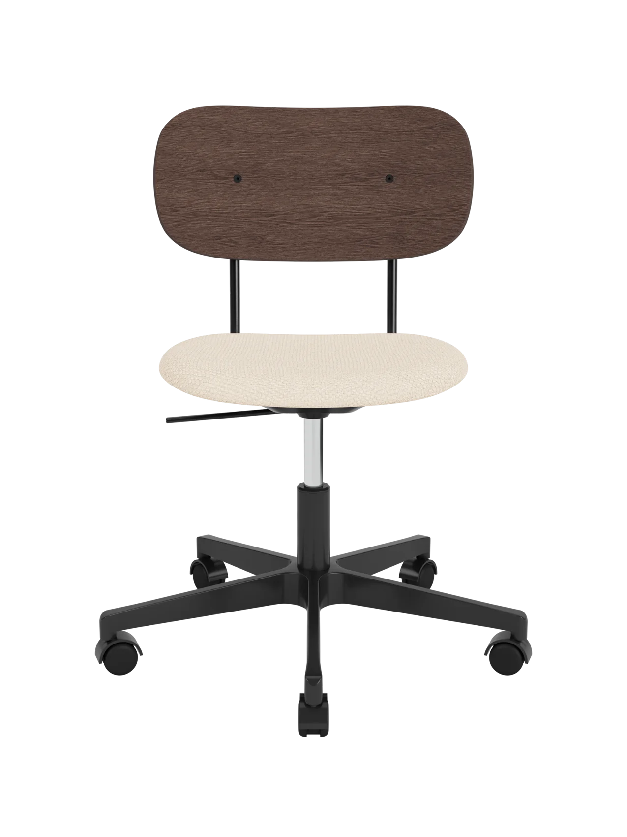 Co Task Chair featuring a dark stained oak backrest and Logan Jasmine upholstered seat on a black five-star swivel base.