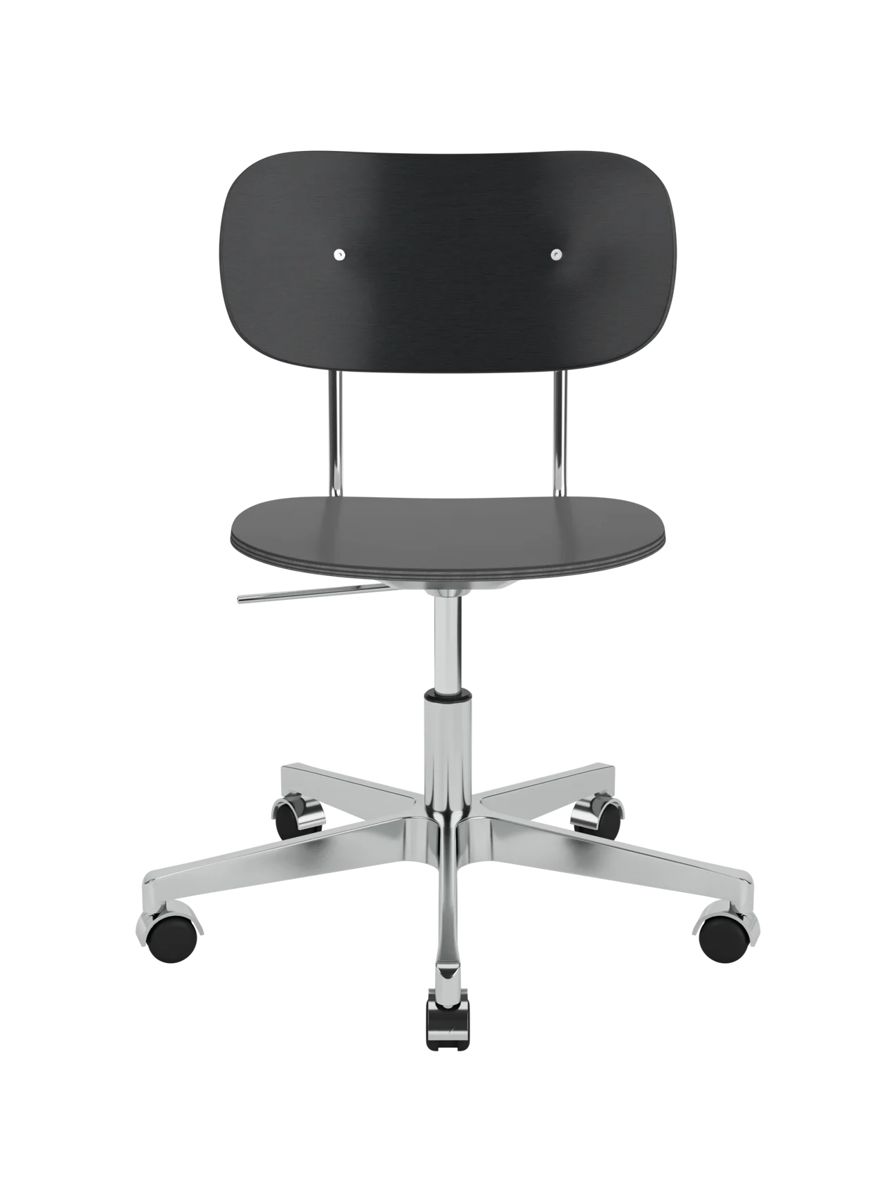 Black painted oak veneer Co Task Chair featuring a height-adjustable chrome base with five rolling castors.