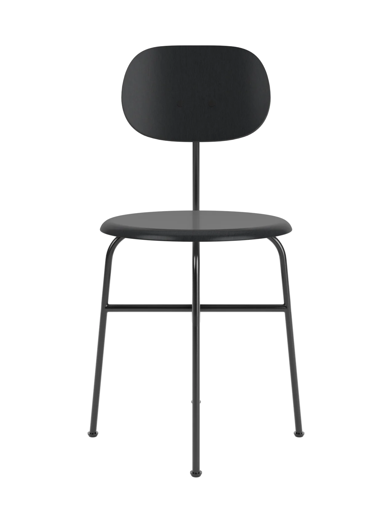 Front view of the Afteroom Dining Chair Plus in black veneer with black powder-coated steel frame against a black background.