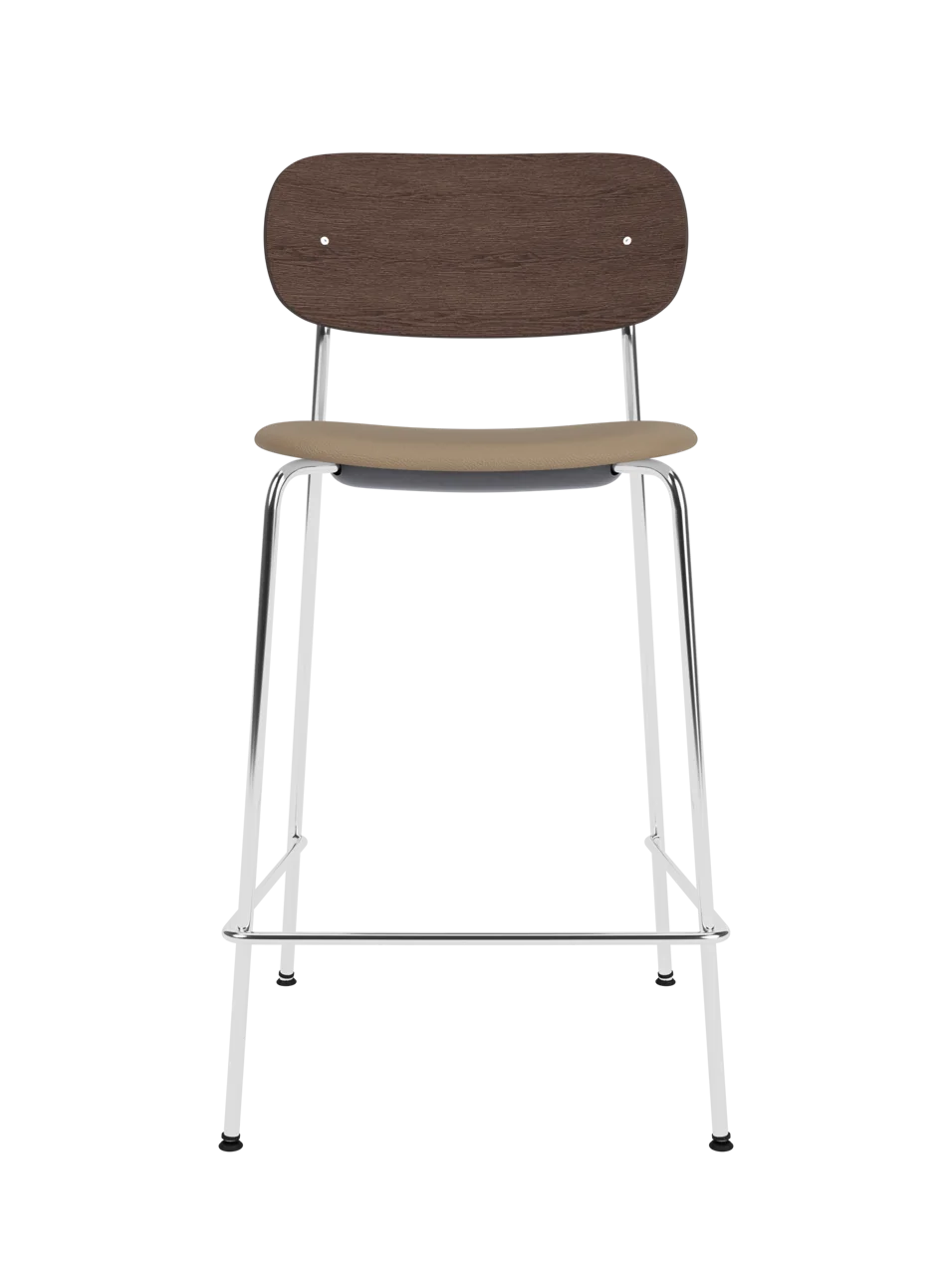 Co Counter Chair in dark stained oak and chrome with an upholstered seat, shown against a black background.
