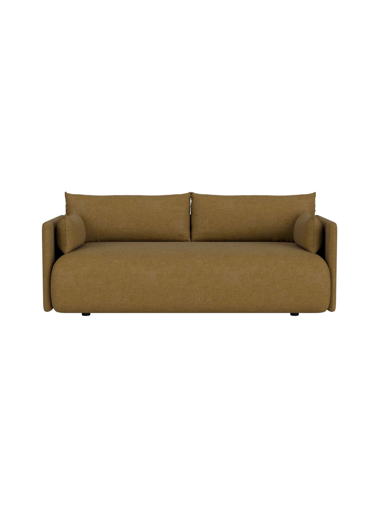 Front view of the Offset Sofa, 2-seater upholstered in textured, warm brown Audo Bouclé 06 fabric against black background.