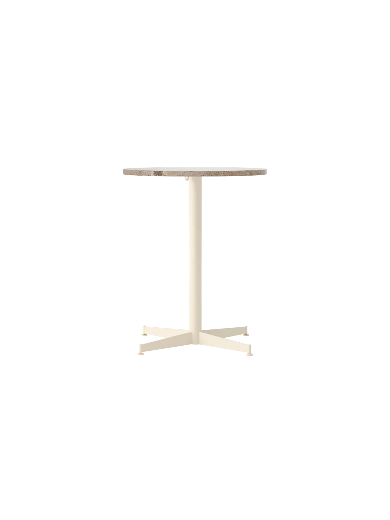 Front view of the Nook Dining Table with a round Kunis Breccia stone top and a slim, four-star base in an ivory finish.