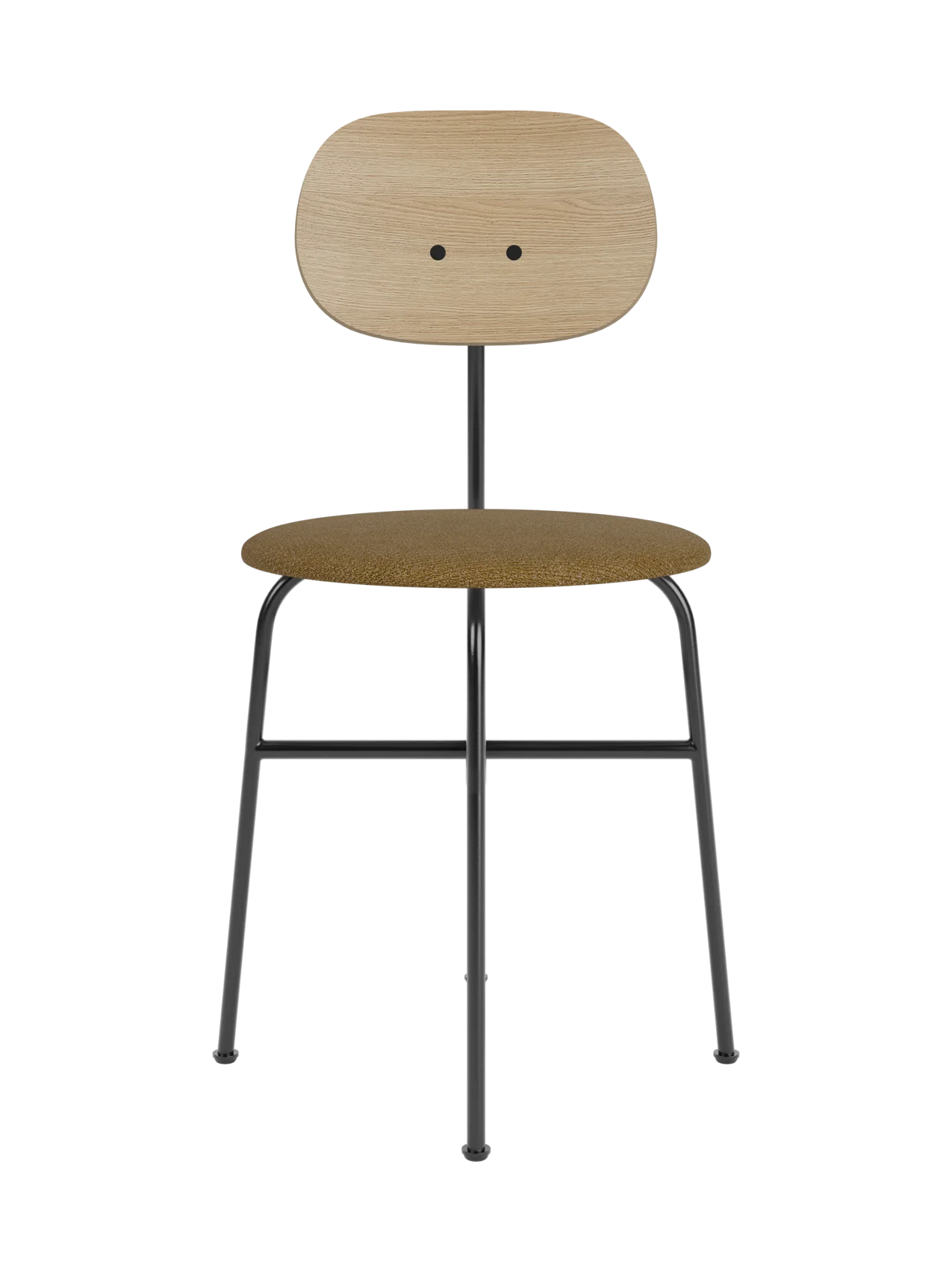 Afteroom Dining Chair Plus featuring a natural oak backrest, brown bouclé seat and a minimalist black steel frame.