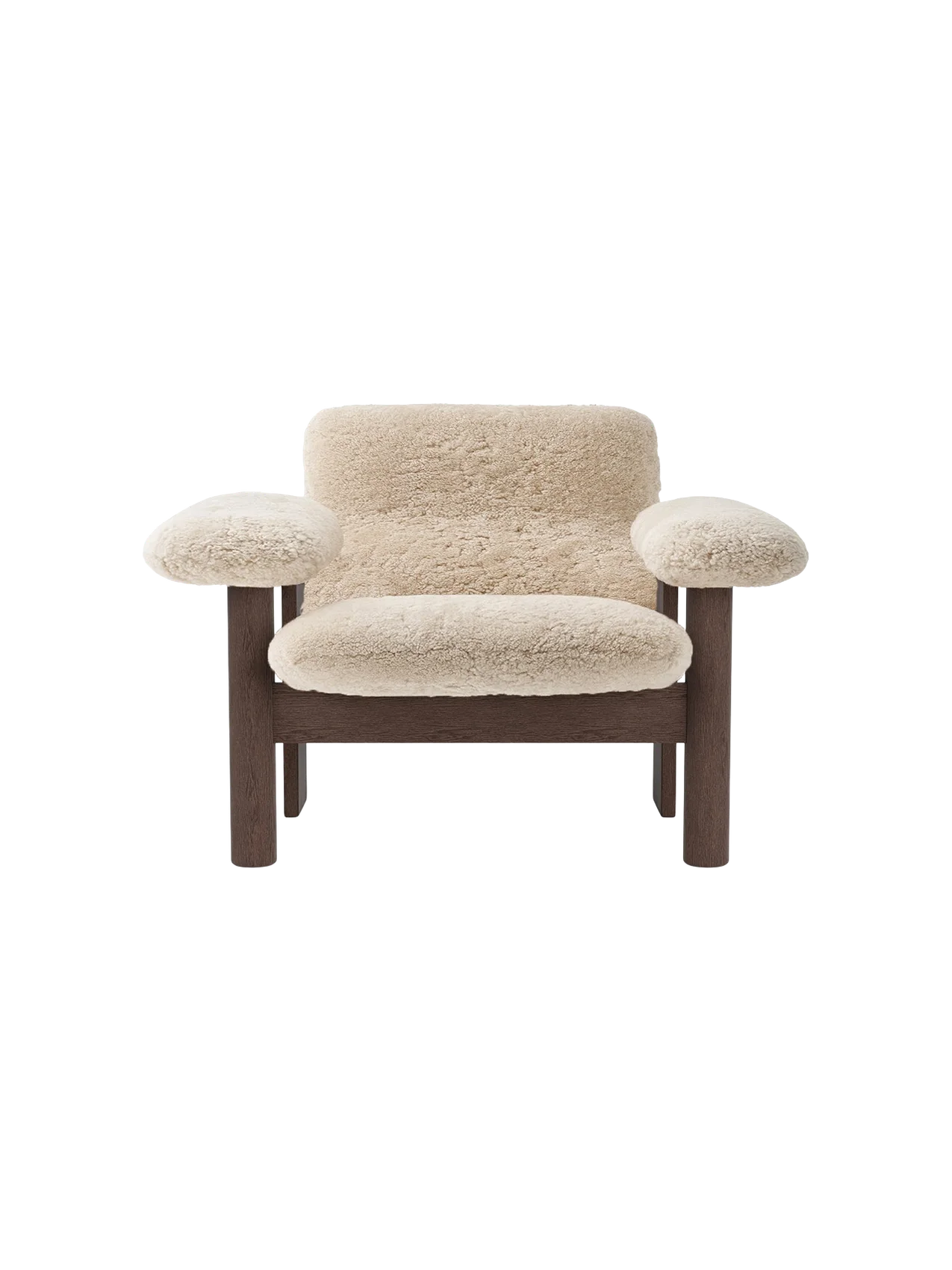 Front view of the Brasilia Lounge Chair, Low Back, with a dark oak frame and plush, off-white sheepskin upholstery.