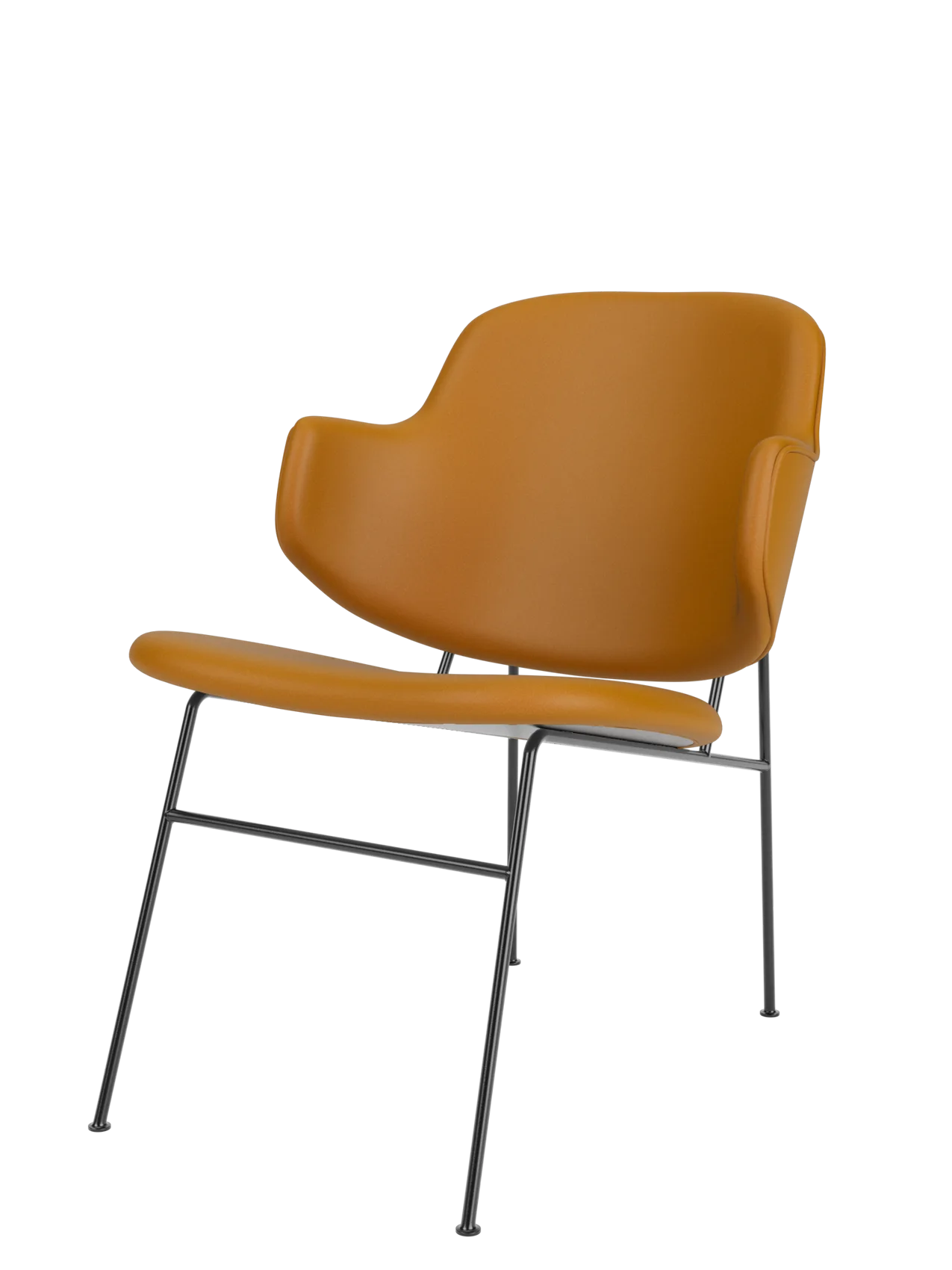 A side-angle view of The Penguin Lounge Chair, fully upholstered in tan leather with a dark powder-coated steel frame.