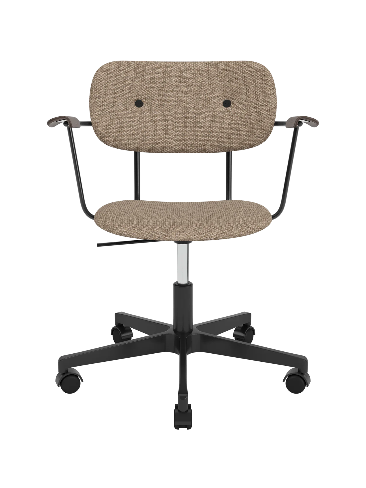 Co Task Chair featuring Logan Flint upholstery, dark-stained oak armrests and a black five-star swivel base.