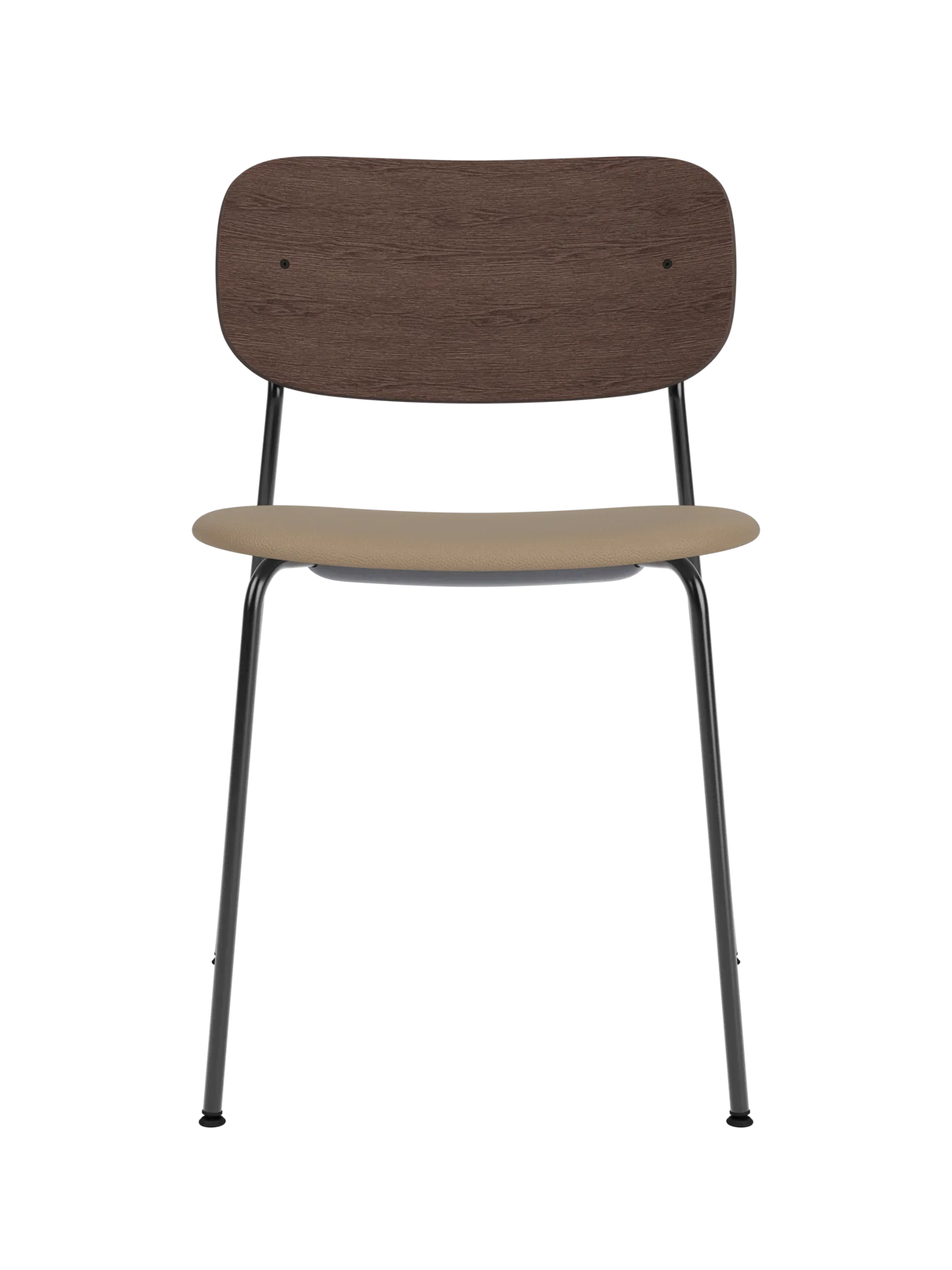 Co Dining Chair featuring a black frame, dark stained oak backrest and tan Sierra 1611 leather upholstered seat.