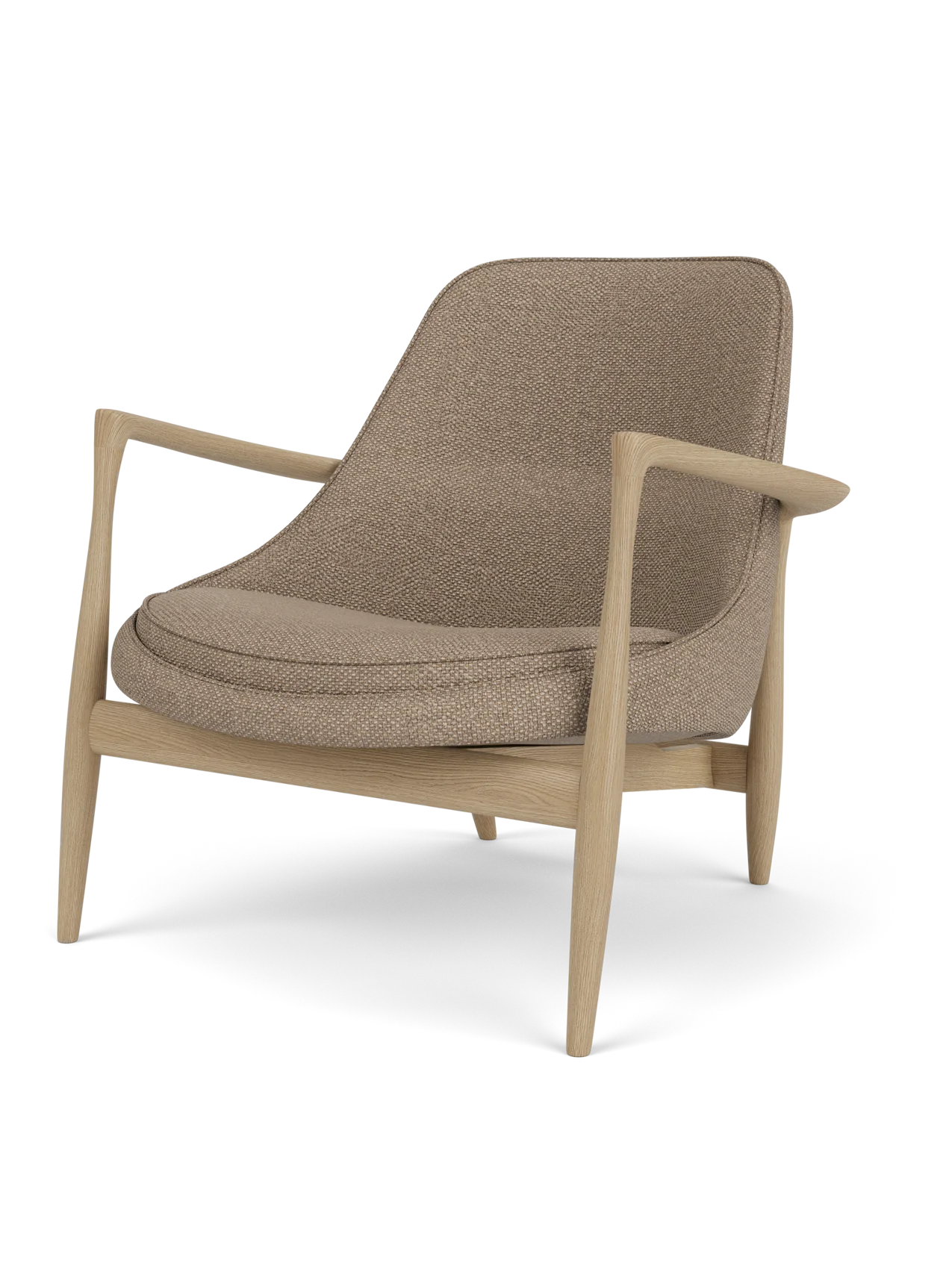 Studio photograph of the Elizabeth Lounge Chair. The chair has a natural oak frame and is upholstered in Logan Flint fabric.