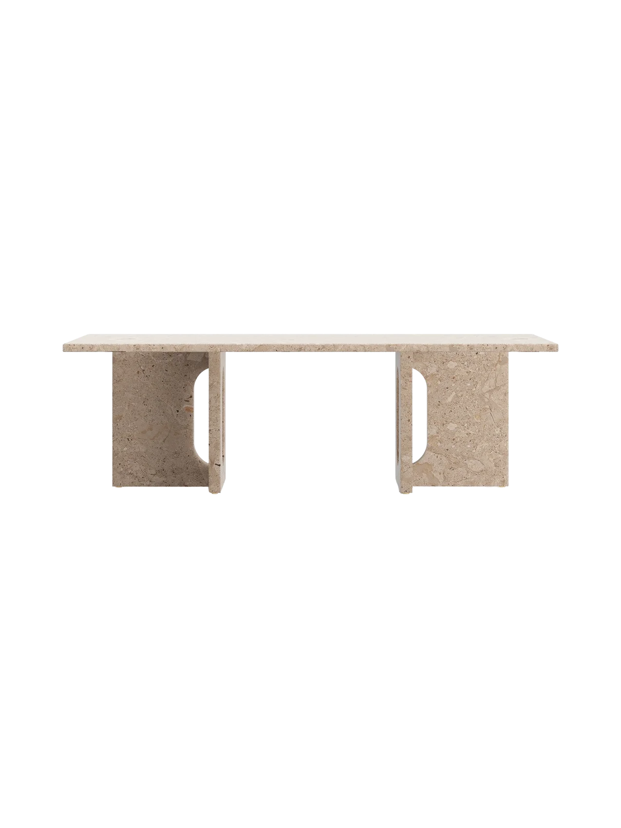 A straight-on shot of the Androgyne Lounge Table in Kunis Breccia stone, with its rectangular top and two wide, cutout legs.