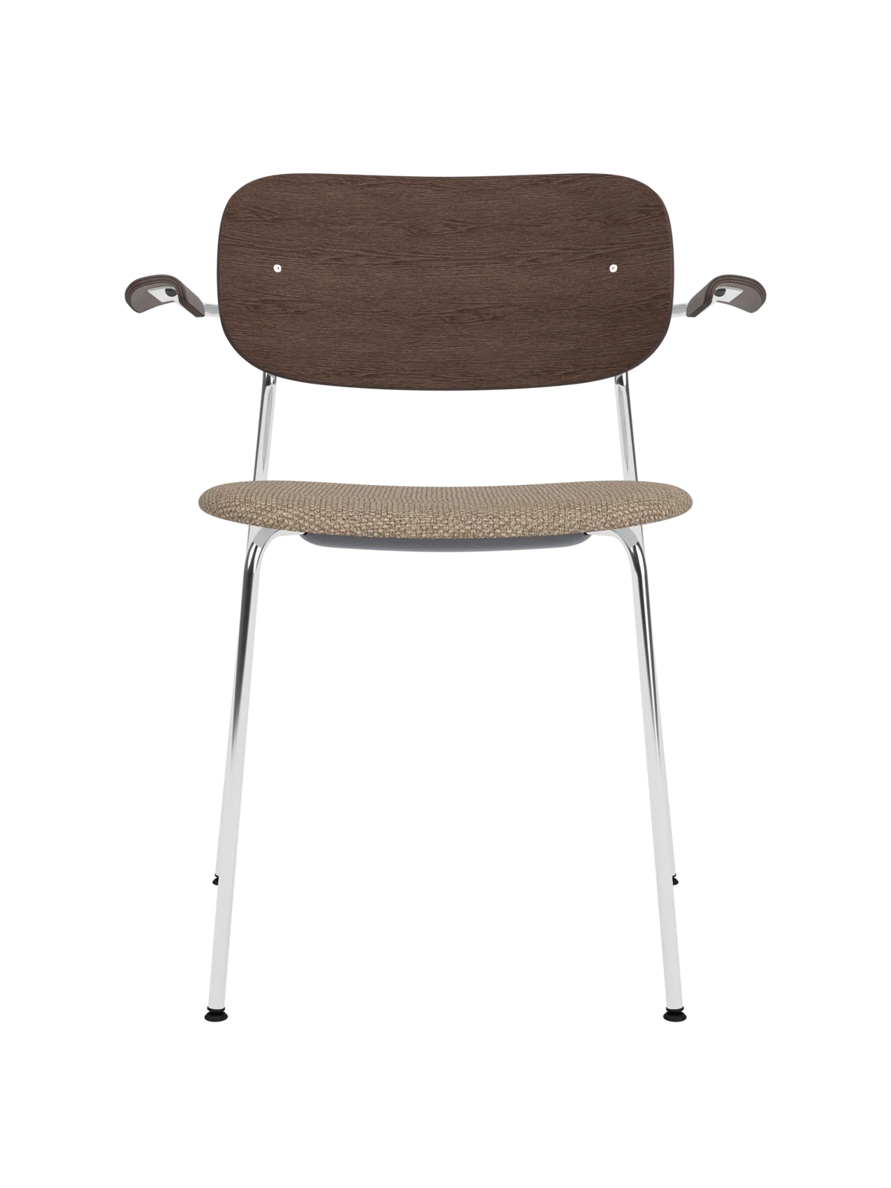 Co Dining Chair with chrome armrest frame, dark stained oak backrest, and beige Logan Flint upholstered seat.