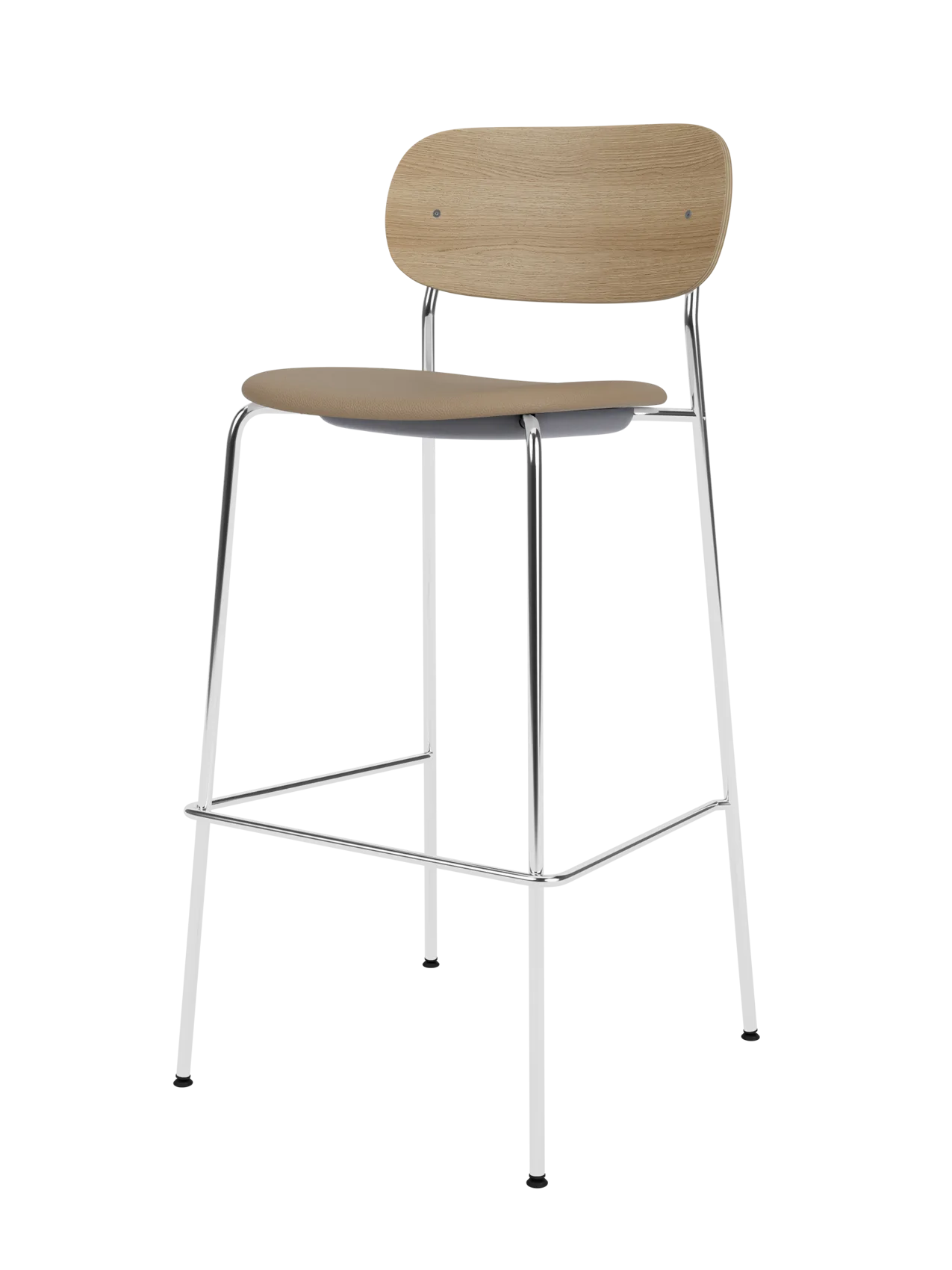Co Bar Chair with a chrome frame, natural oak wood backrest and tan Sierra 1611 leather upholstered seat.