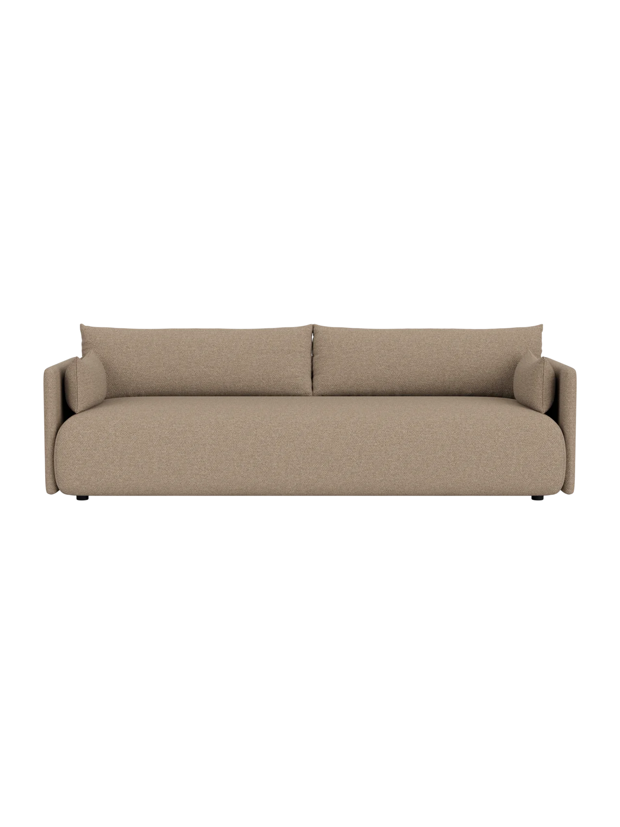 Front view of the Offset Sofa, a 3-seater model upholstered in a light brown Logan Flint fabric, shown on a black background.