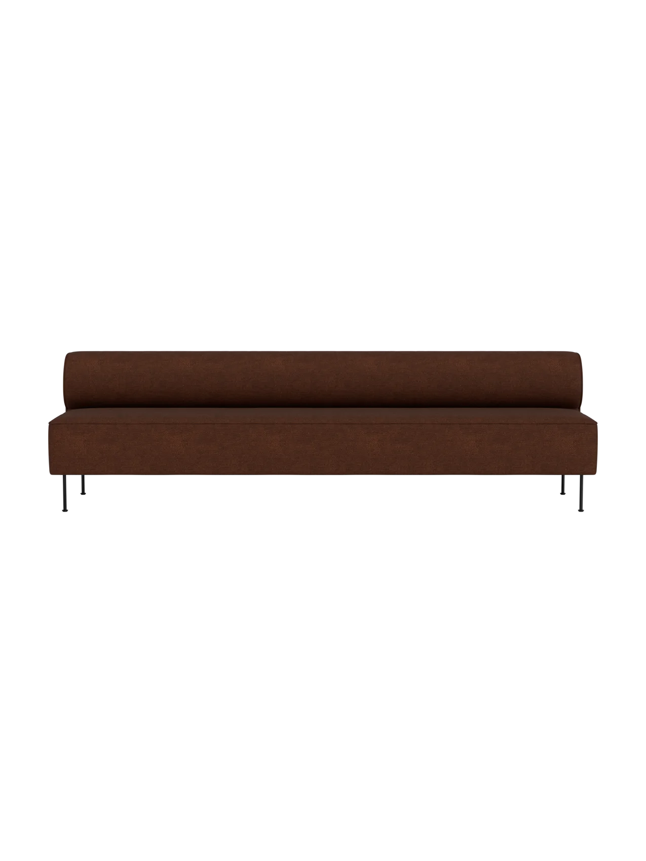 Front view of the Eave Dining Sofa in Audo Bouclé 08. The long, minimalist sofa has a low back and thin black metal legs.