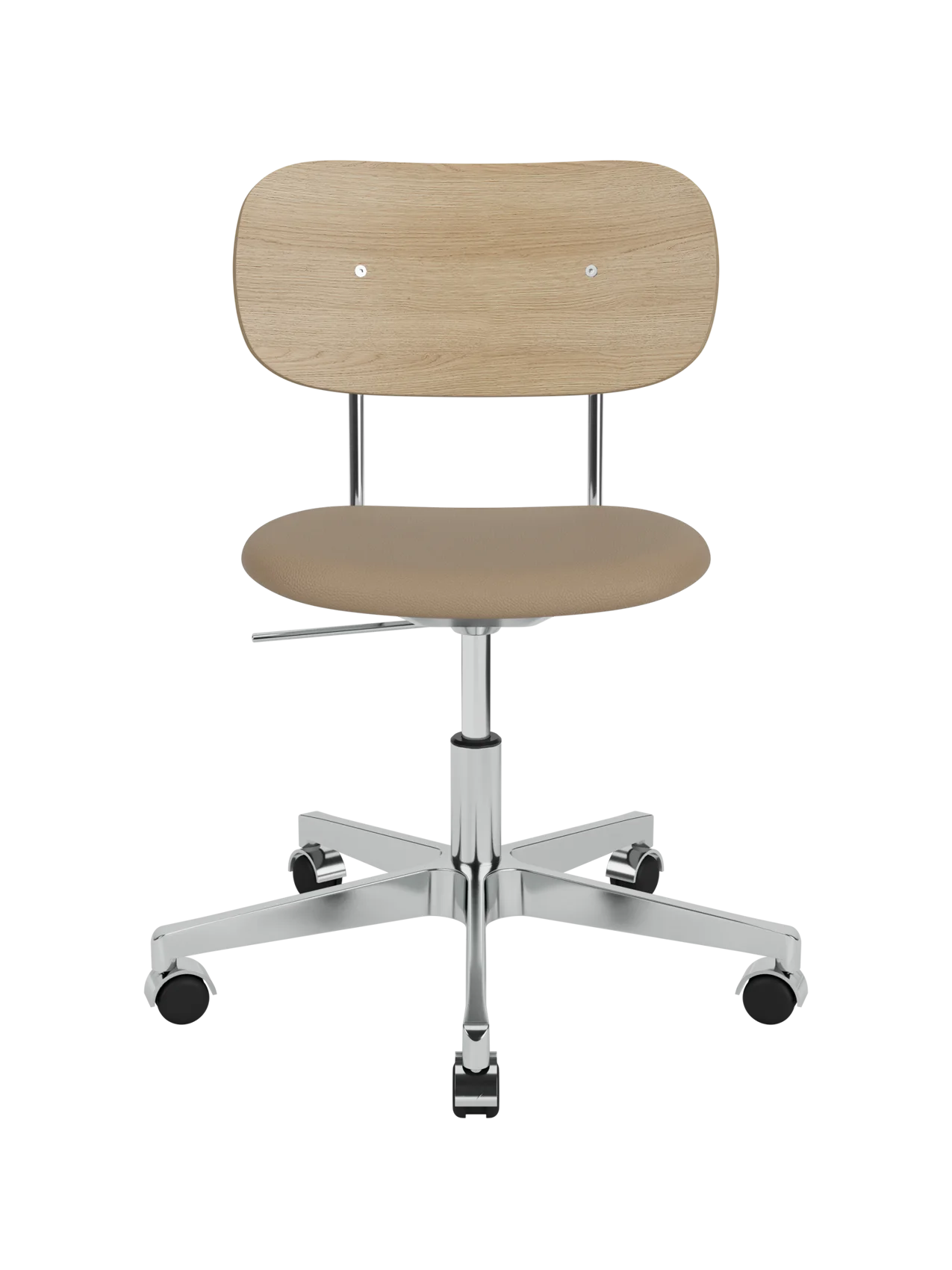 Co Task Chair with a natural oak backrest, tan leather seat and a polished aluminium swivel base with castors.