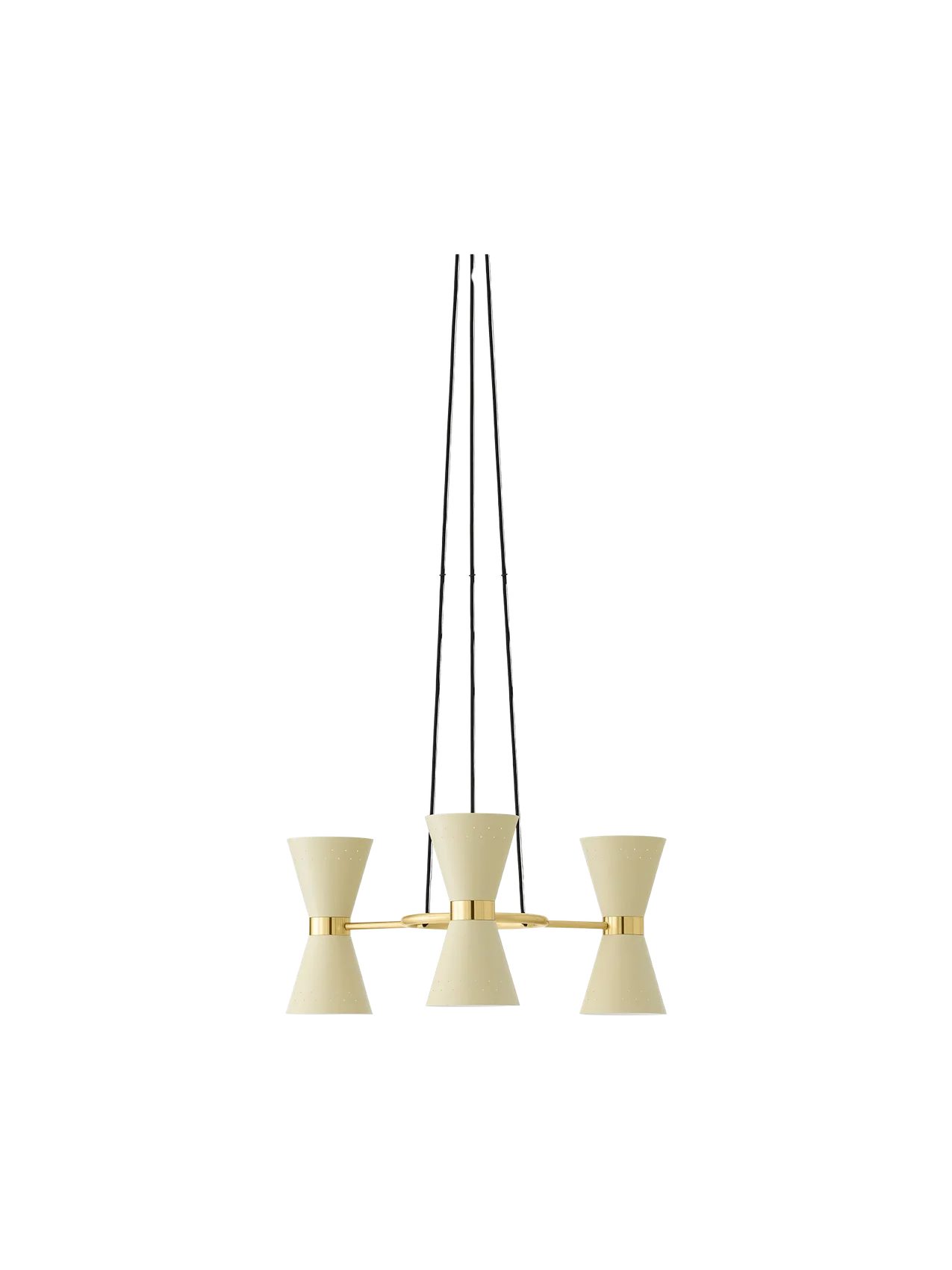 A front view of the Collector Chandelier, 3, featuring three cream, perforated hourglass shades on a polished brass frame.