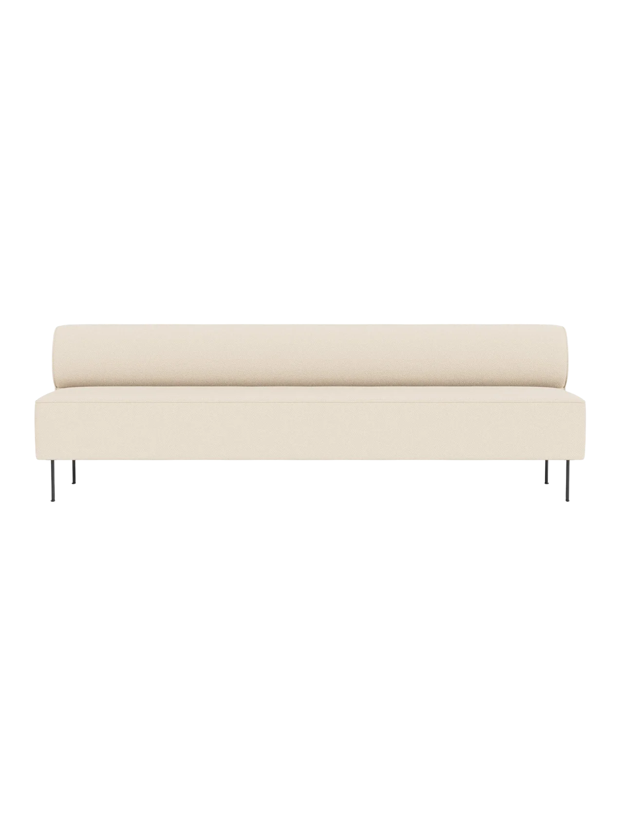 Front view of the Eave Dining Sofa in cream Logan Jasmine fabric, with a long seat, rounded backrest, and slim black legs.