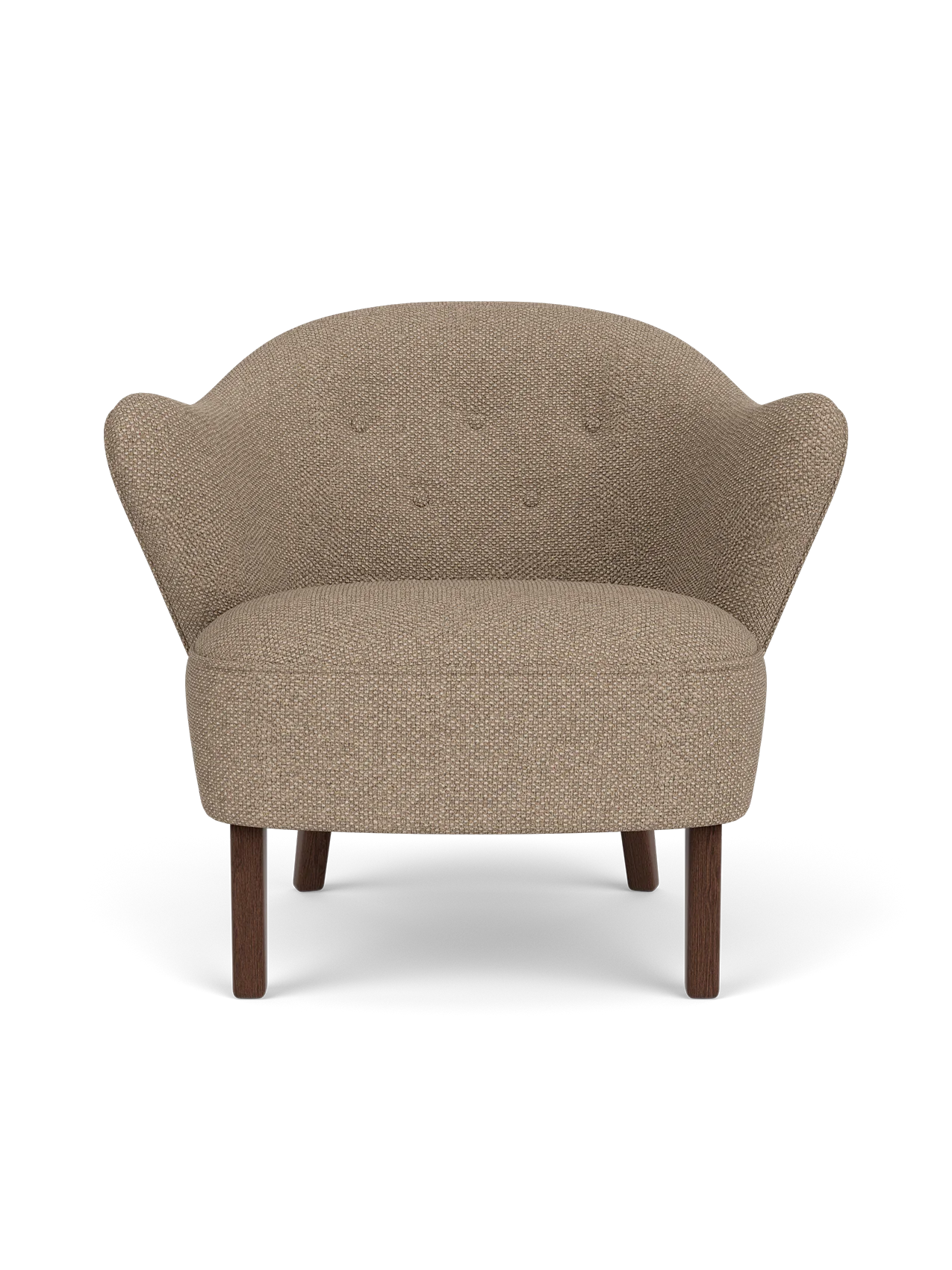 Ingeborg Lounge Chair in Logan Flint textile with dark stained oak legs, featuring a sculptural, curved silhouette.