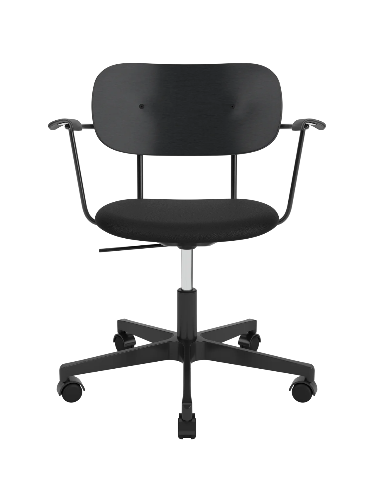 Co Task Chair with black Sierra leather seat, black oak backrest and armrests on a five-star swivel base with castors.