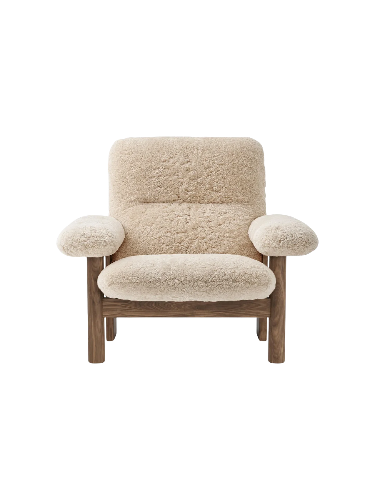 Front view of the Brasilia Lounge Chair, High Back, Sheepskin. With a dark wood frame and plush cream sheepskin upholstery.
