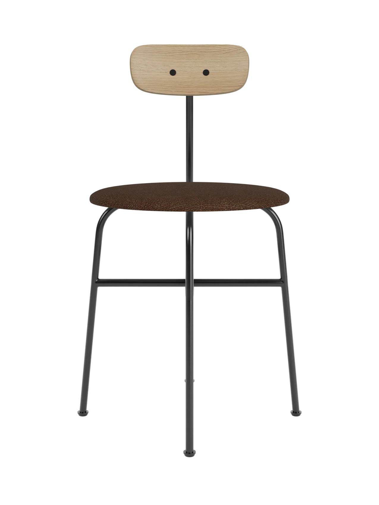 Afteroom Dining Chair with a dark brown bouclé seat, natural oak backrest and black powder-coated steel frame.
