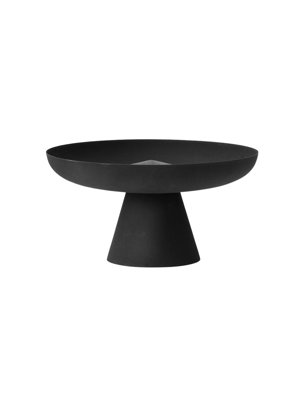 A front-on view of the black Meira Oil Lantern. The steel lantern features a wide, shallow bowl resting on a conical base.