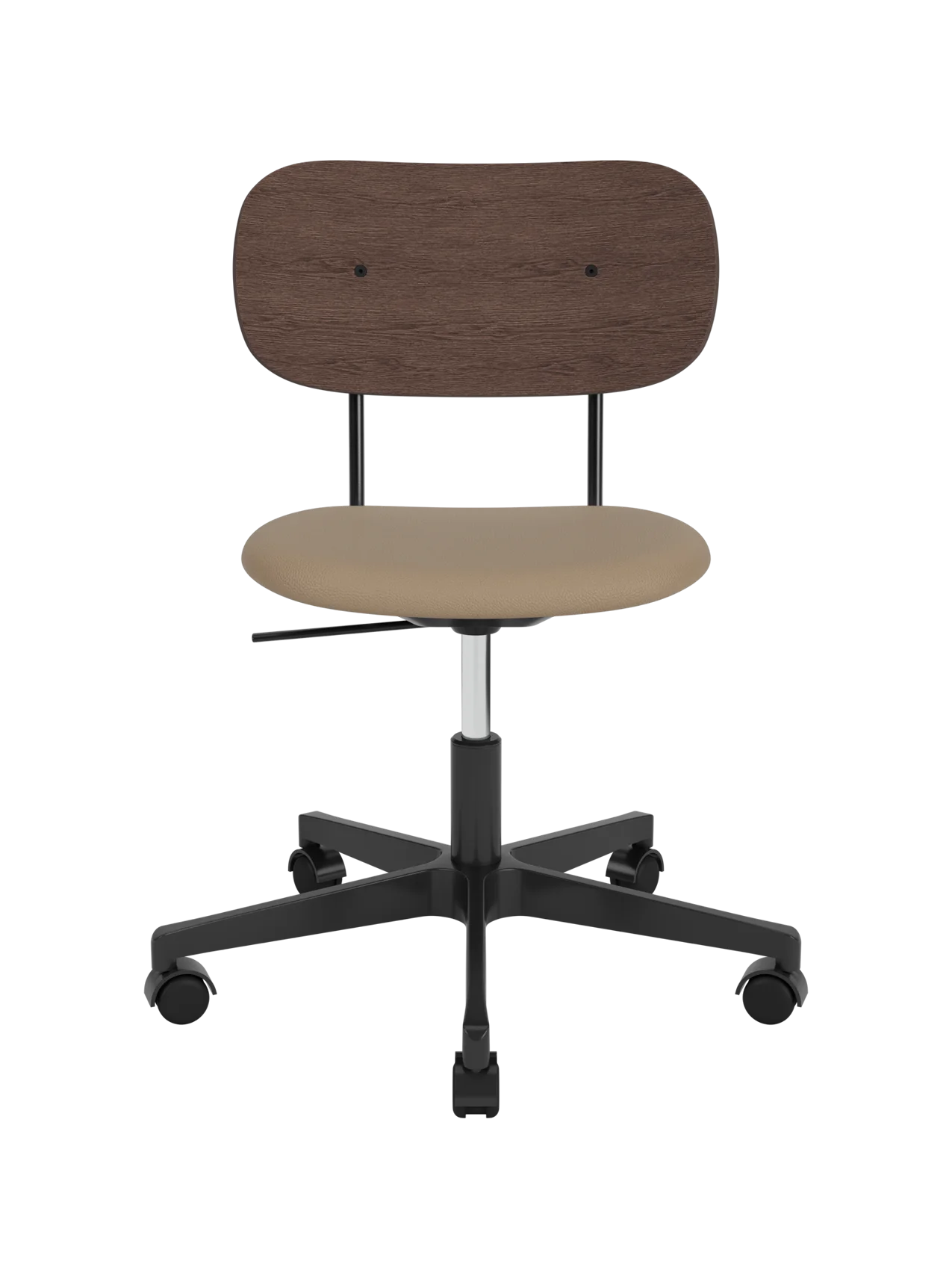 Co Task Chair with dark-stained oak back and beige Sierra leather seat on a black five-star swivel base with castors.