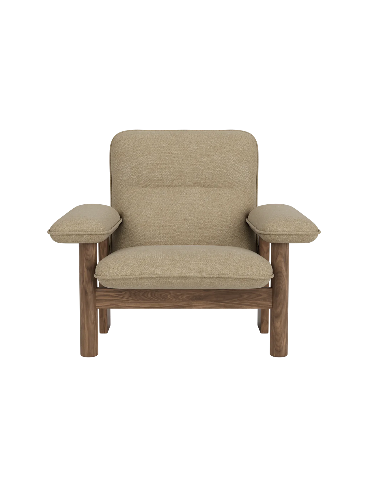 Front view of the Brasilia Lounge Chair with a walnut frame and beige Audo Bouclé 02 upholstery on a black background.
