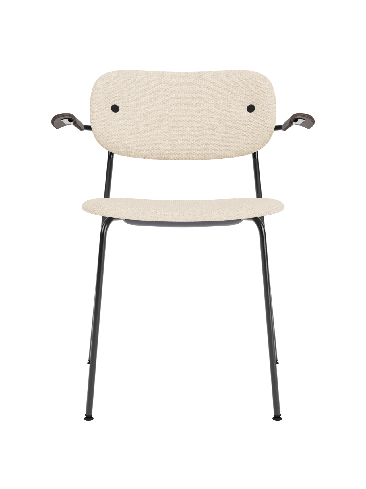 Co Dining Chair with armrests featuring Logan Jasmine cream upholstery and dark stained oak on a black steel base.