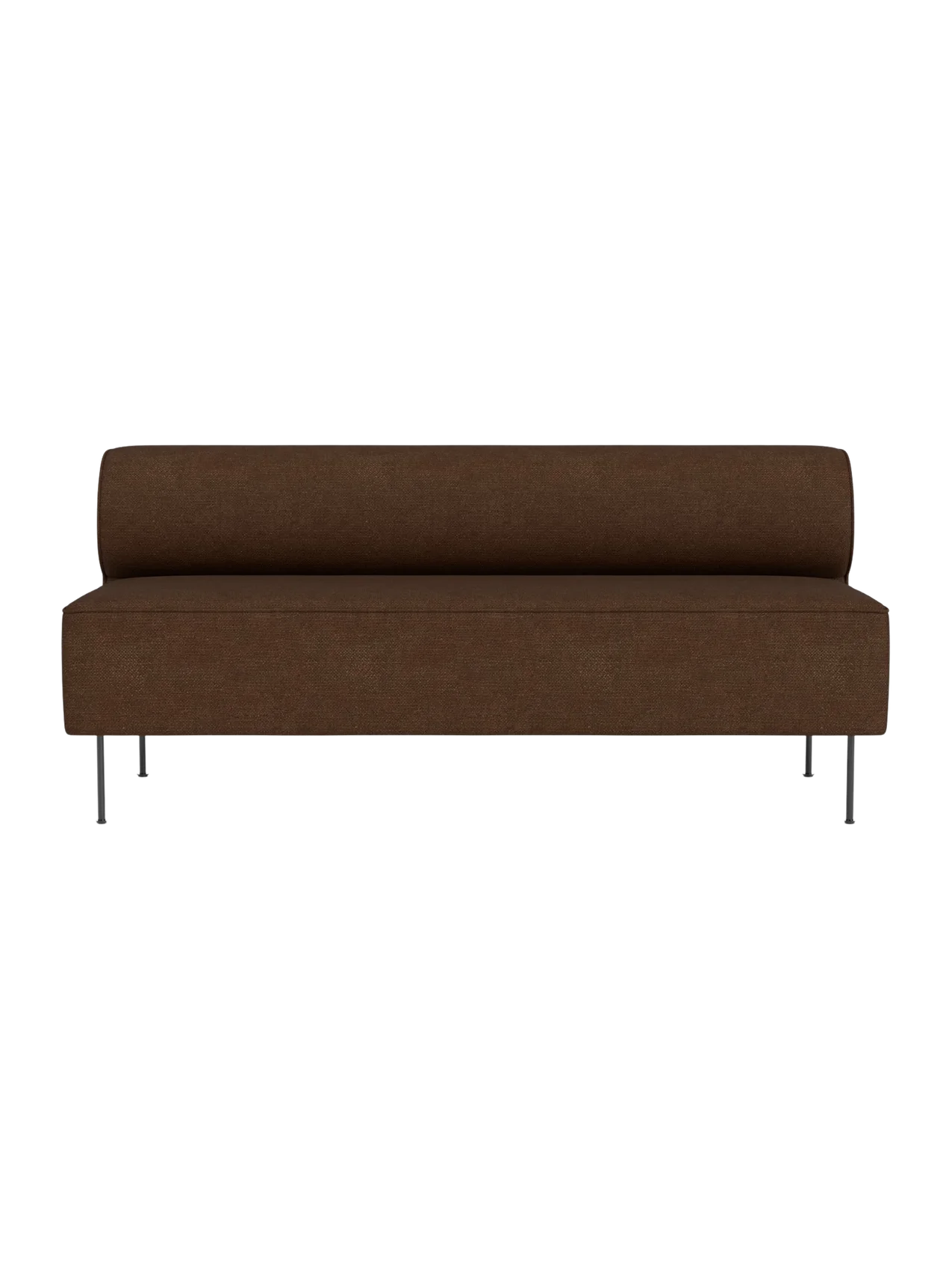 Front view of the Eave Dining Sofa in a brown textured fabric, a minimalist design with a low back and slim metal legs.
