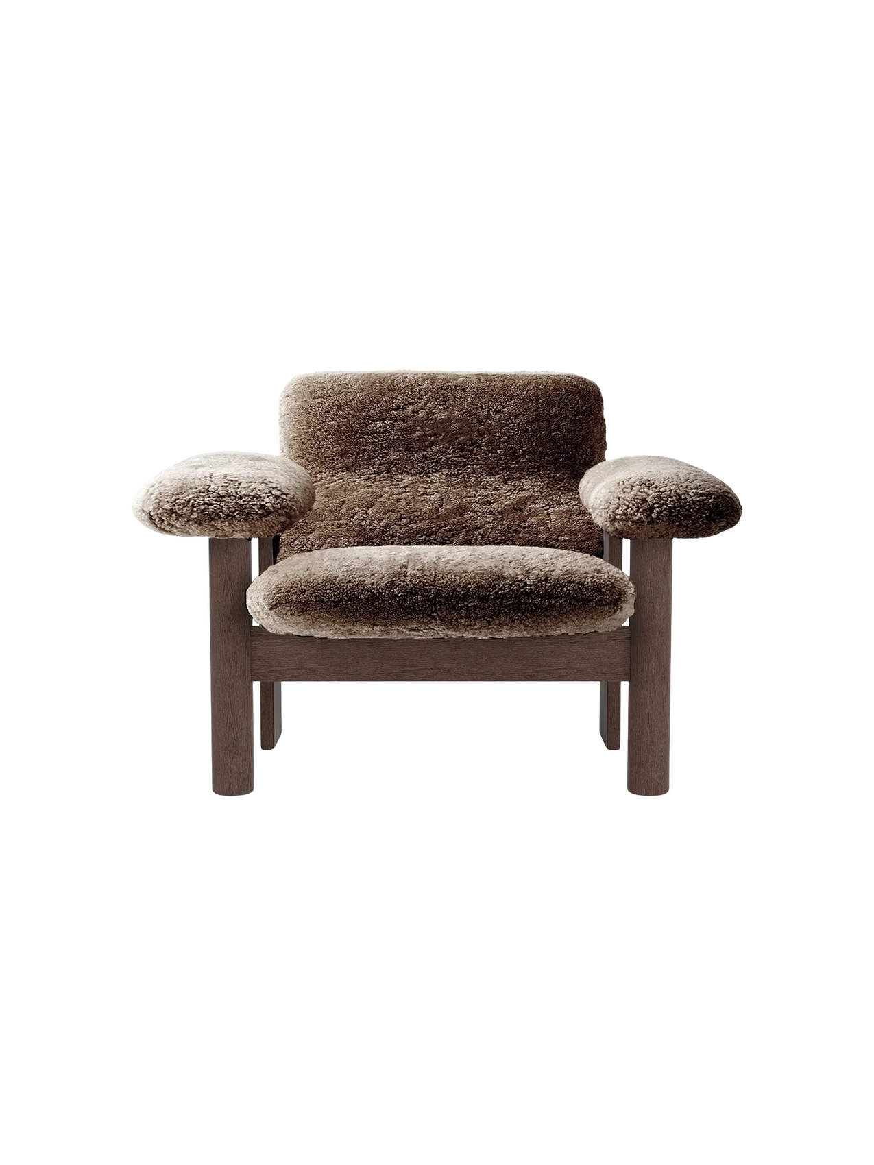 Front view of the Brasilia Lounge Chair, Low Back, upholstered in brown sheepskin with a dark stained oak frame.