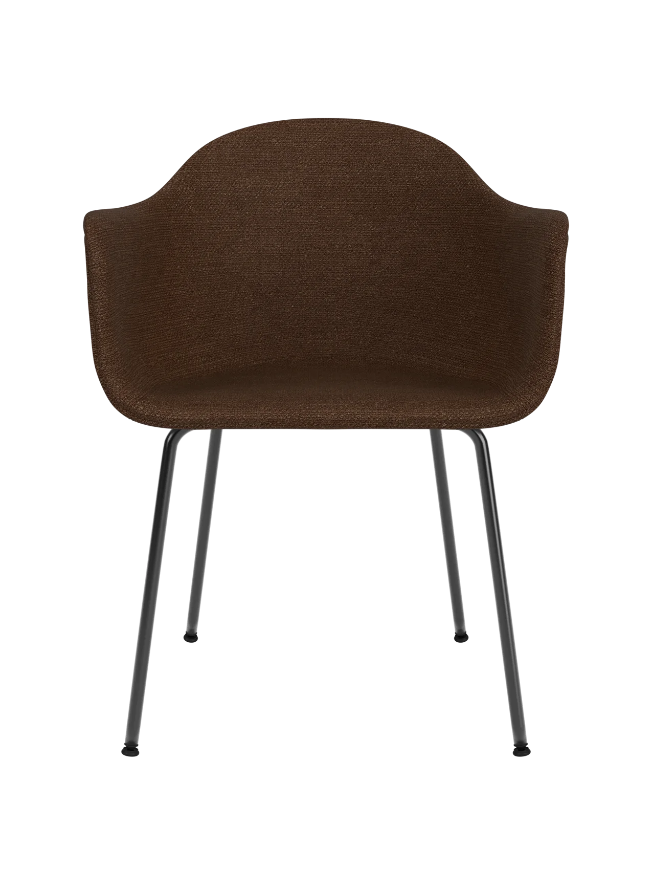 Harbour Dining Chair featuring dark brown Audo Bouclé 07 upholstery and a slim black steel base on a white background.