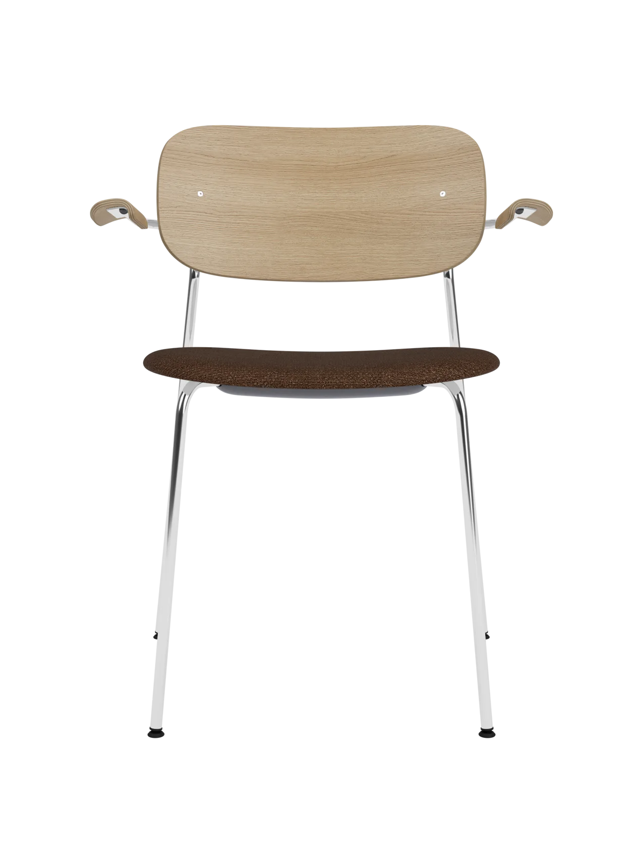 Co Dining Chair with chrome armrests, a natural oak backrest and a dark bouclé upholstered seat.