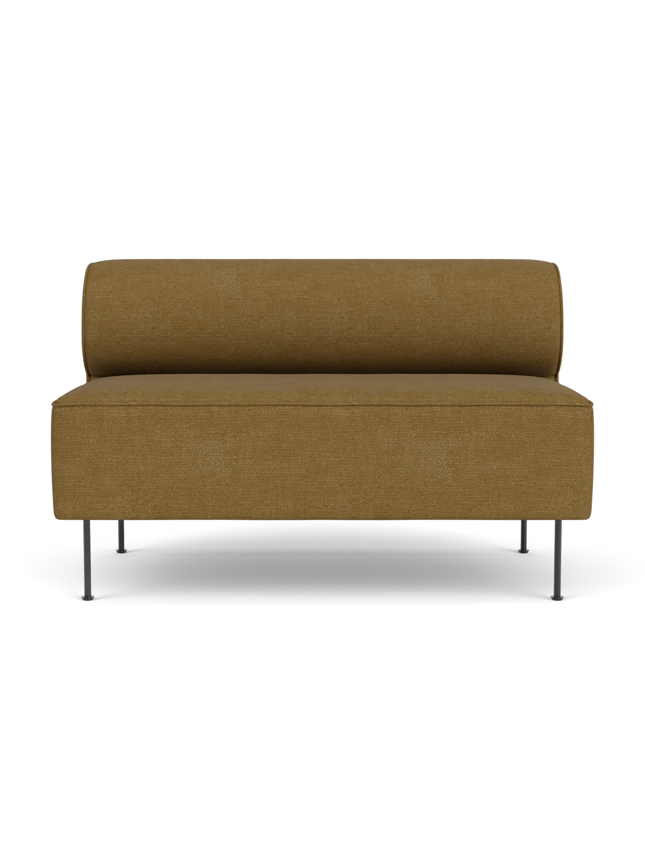 A front view of the Eave Dining Sofa in Audo Bouclé 06 fabric, a mustard-coloured banquette with a sleek, minimalist design.