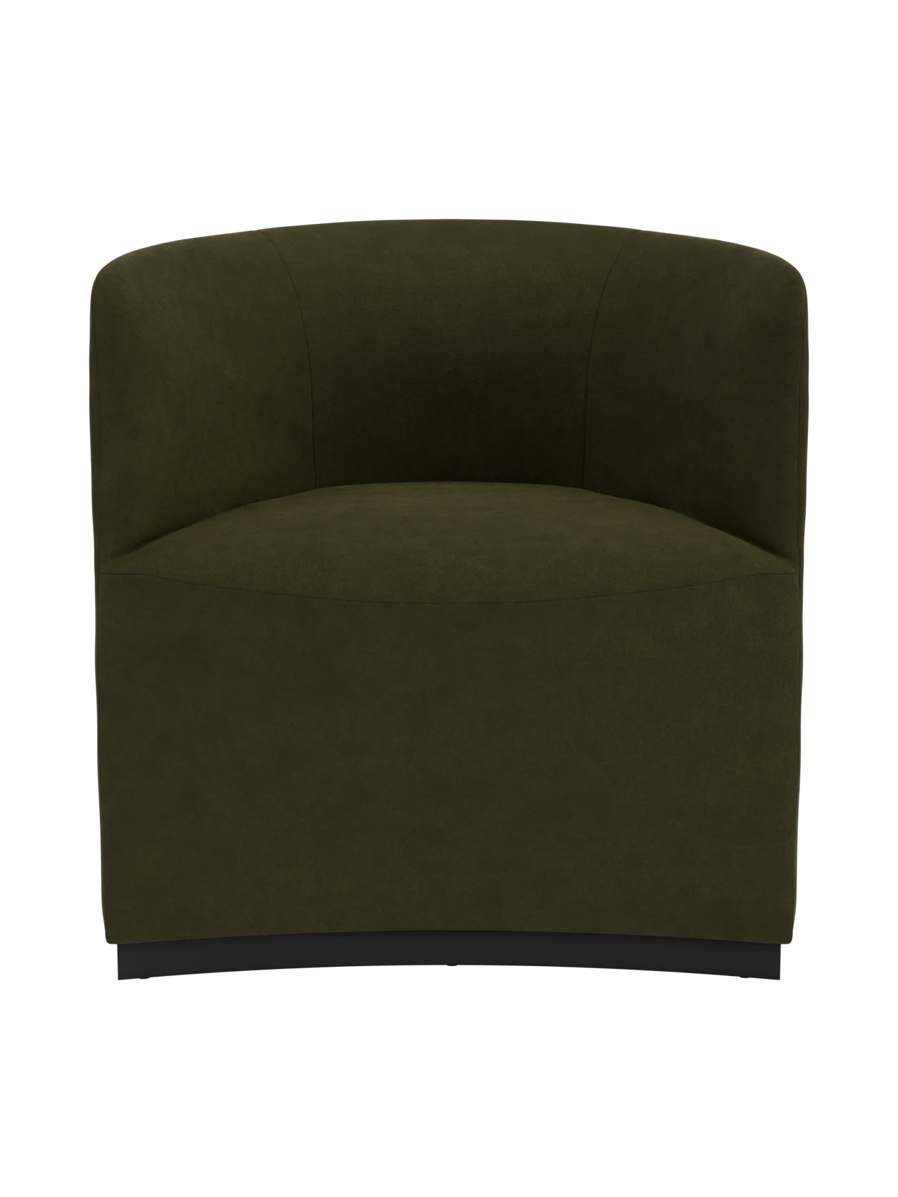 Front view of the sculptural Tearoom Club Chair, upholstered in a soft, dark olive-green fabric on a recessed dark base.