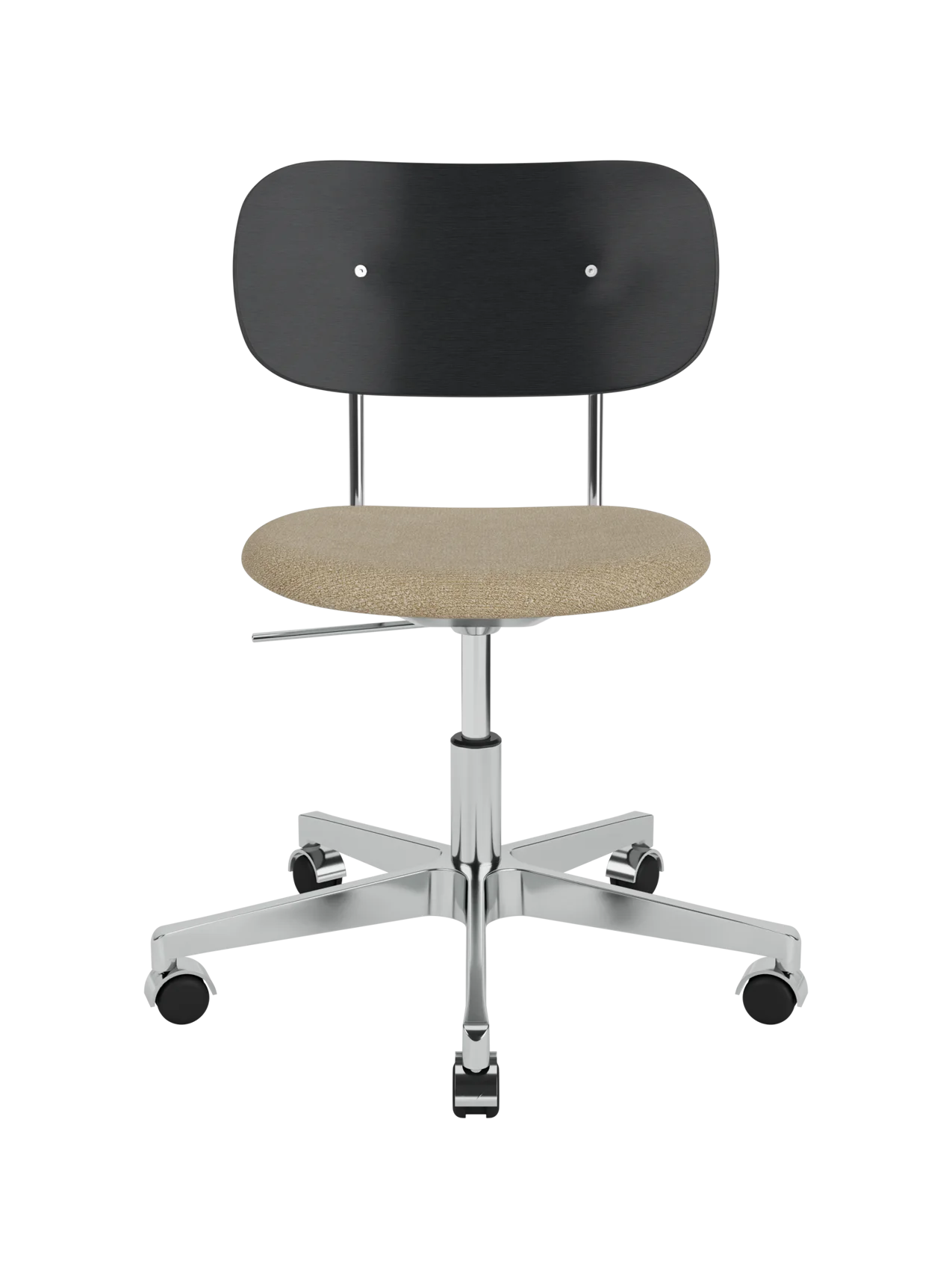 Co Task Chair with a beige bouclé seat, black painted oak backrest and polished aluminium swivel base.