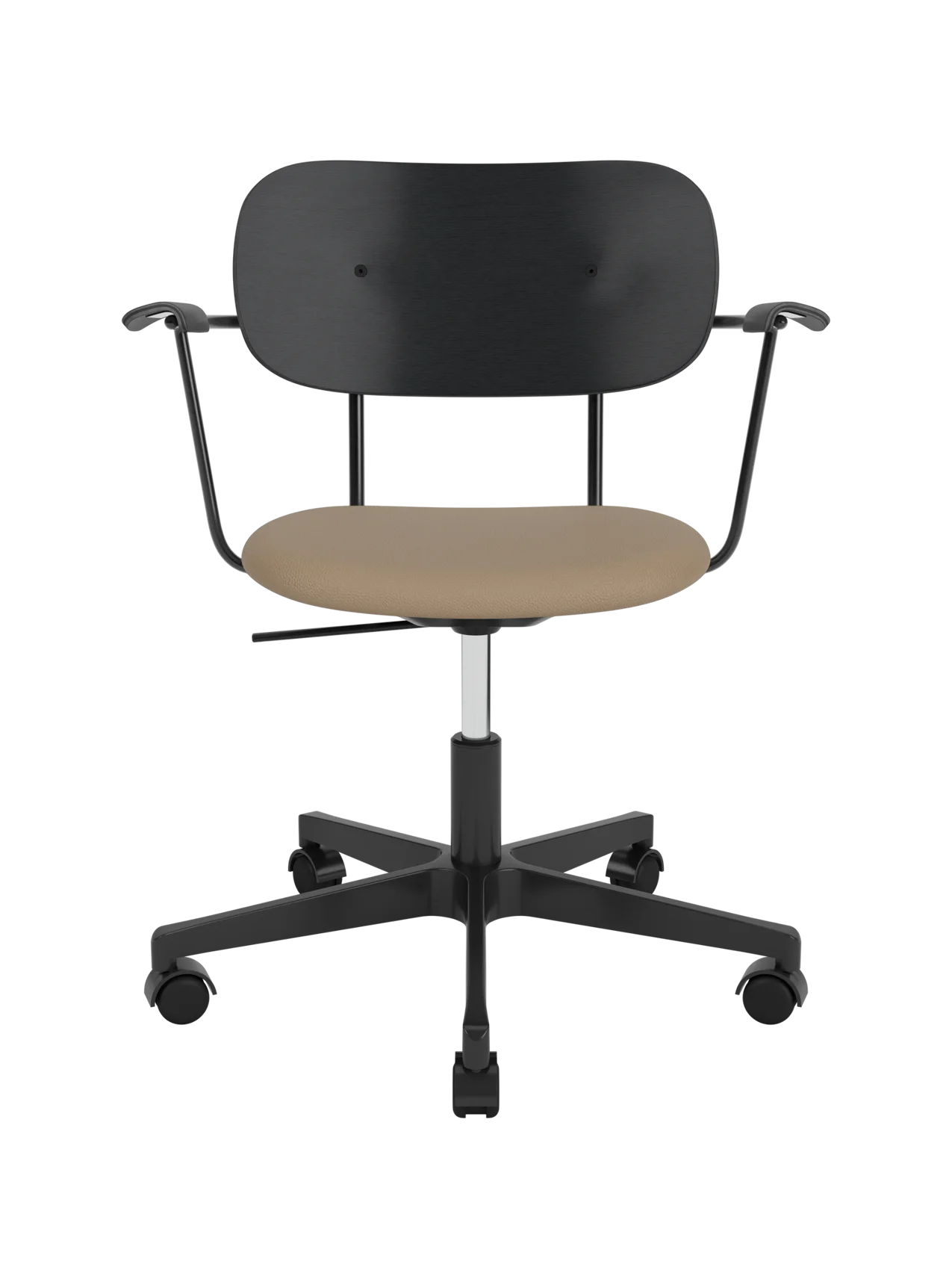 Co Task Chair with black oak back and armrests, featuring a tan Sierra 1611 upholstered seat and black swivel base.