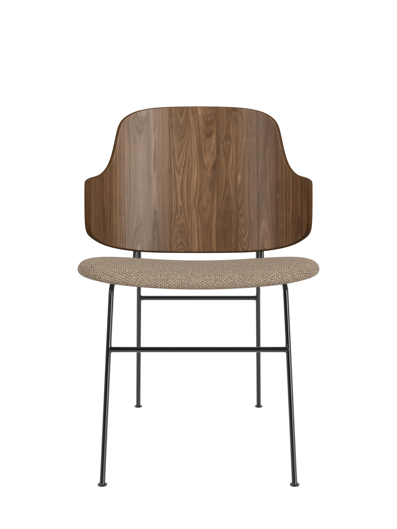 The Penguin Dining Chair with curved walnut veneer back, Logan Flint upholstered seat and slender black metal frame.