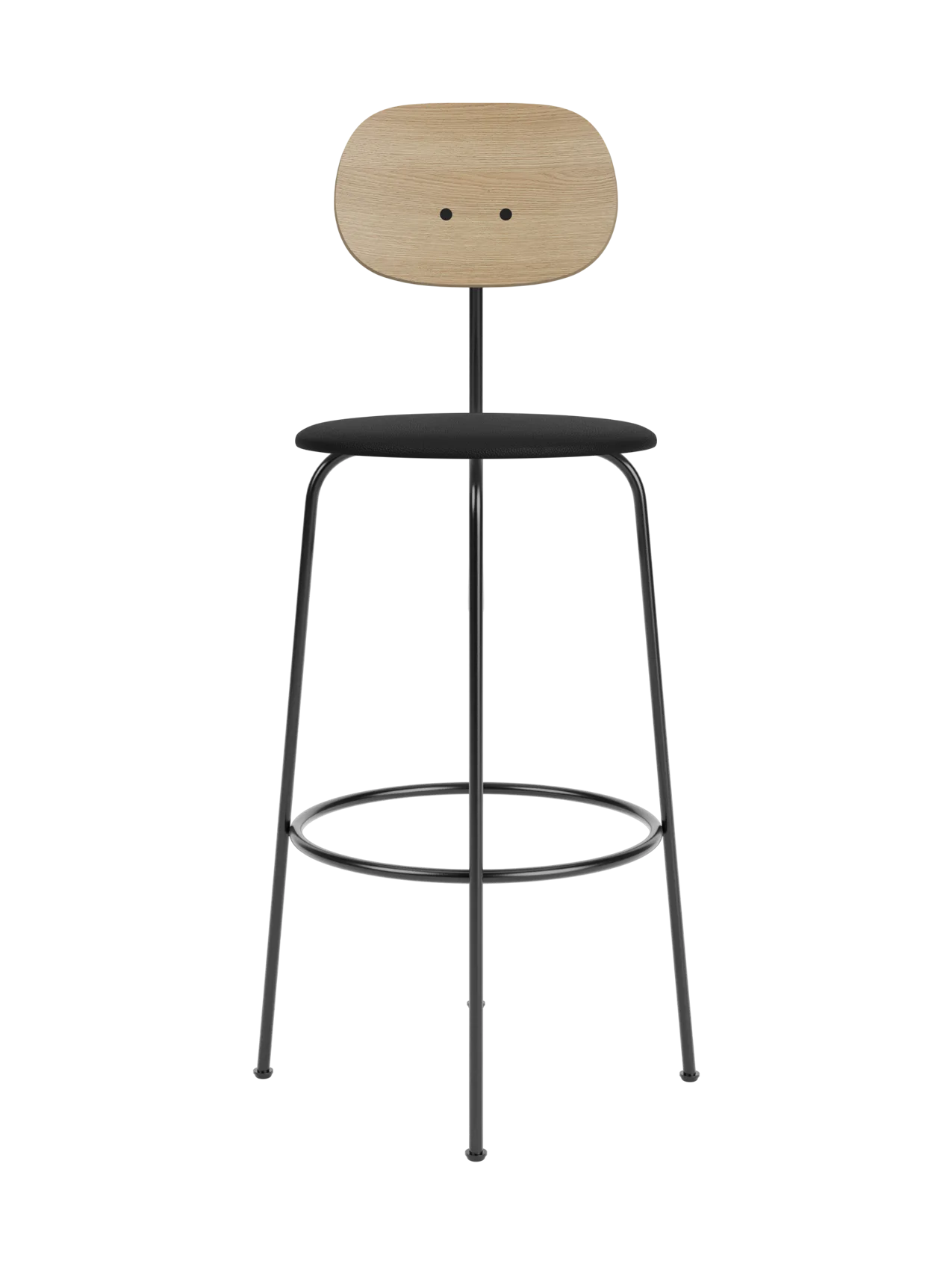 Afteroom Bar Chair Plus featuring a natural oak backrest and black upholstered seat on a slender black metal frame.