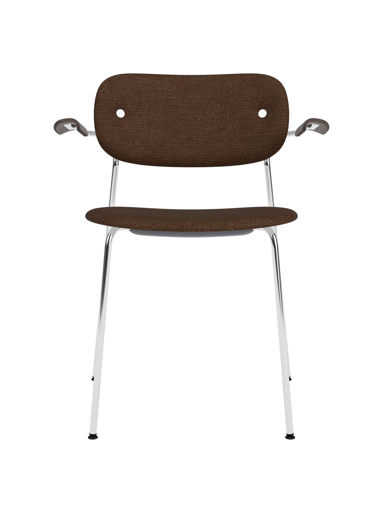 Co Dining Chair with chrome frame, dark stained oak armrests and brown Audo Bouclé 07 upholstery.