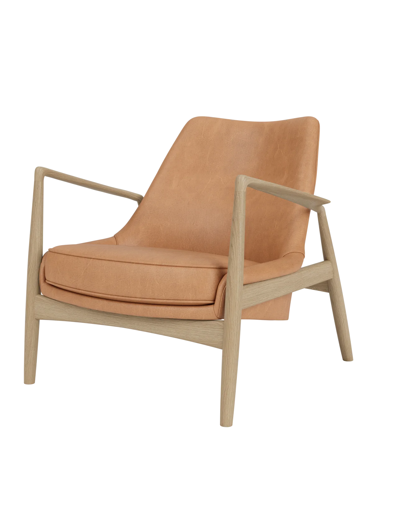 The Seal Lounge Chair, Low Back, featuring tan Dunes Camel leather and an angled natural oak frame with a floating seat.
