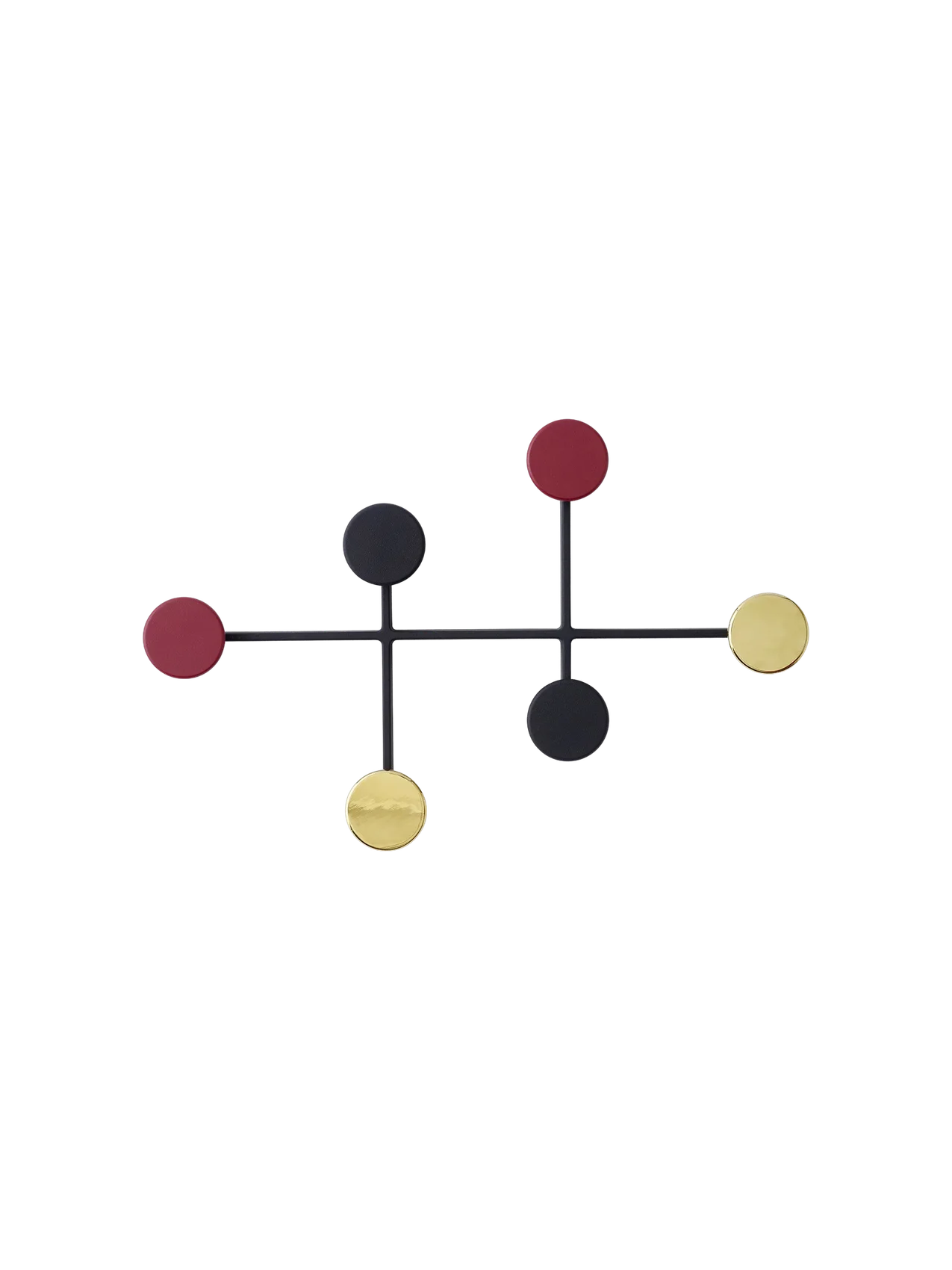 The Afteroom Coat Hanger, a black metal frame with six circular hooks in red, black, and brass against a black backdrop.