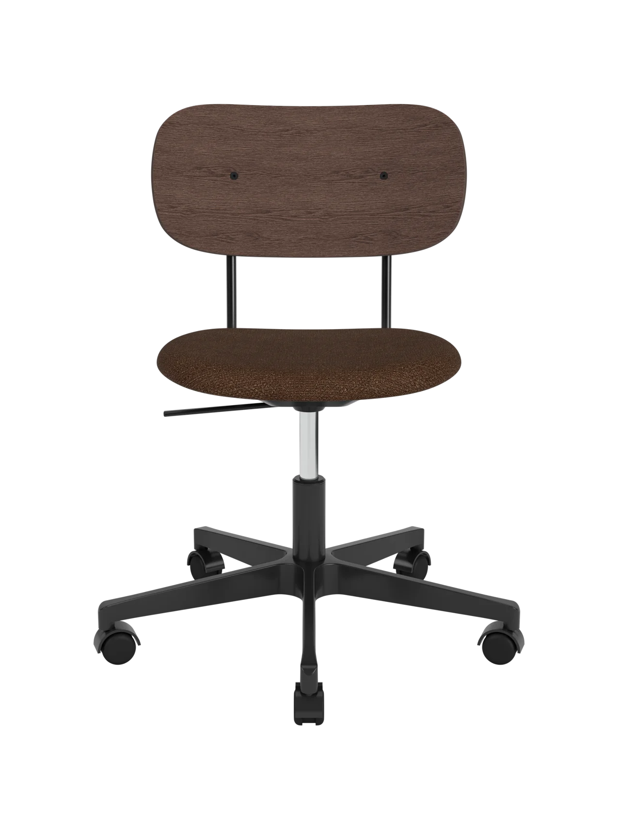 Co Task Chair with dark stained oak backrest and brown bouclé upholstered seat on a black swivel base with castors.