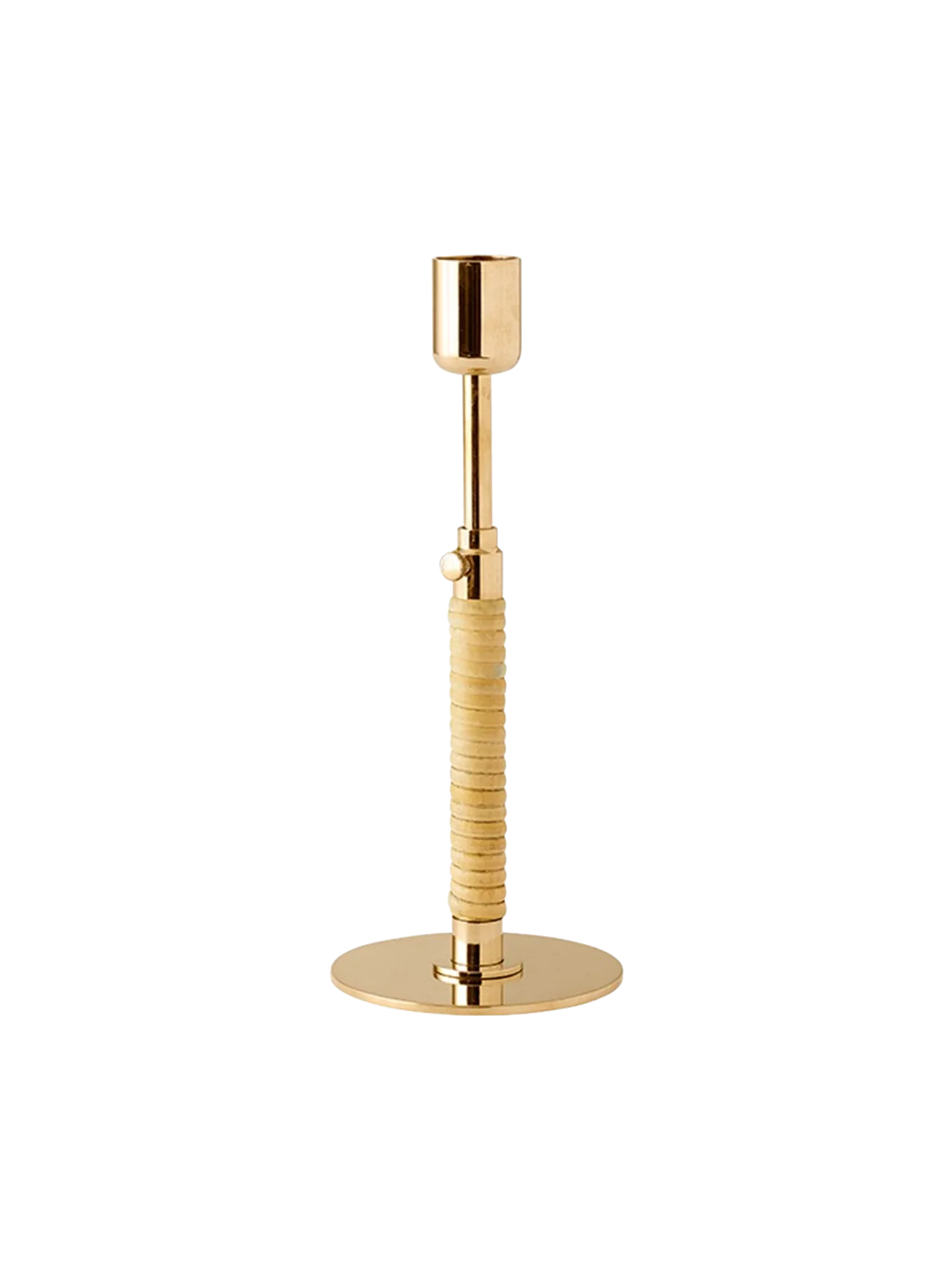 The Duca Candleholder in polished brass. It has a round base, an adjustable stem with a knob, and a rattan-wrapped handle.