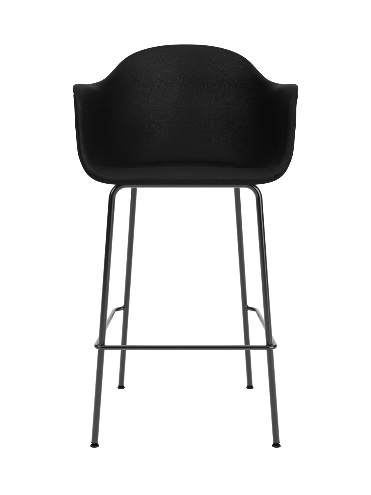 Black upholstered Harbour Bar Chair with a curved shell and slender black powder-coated steel legs and footrest.