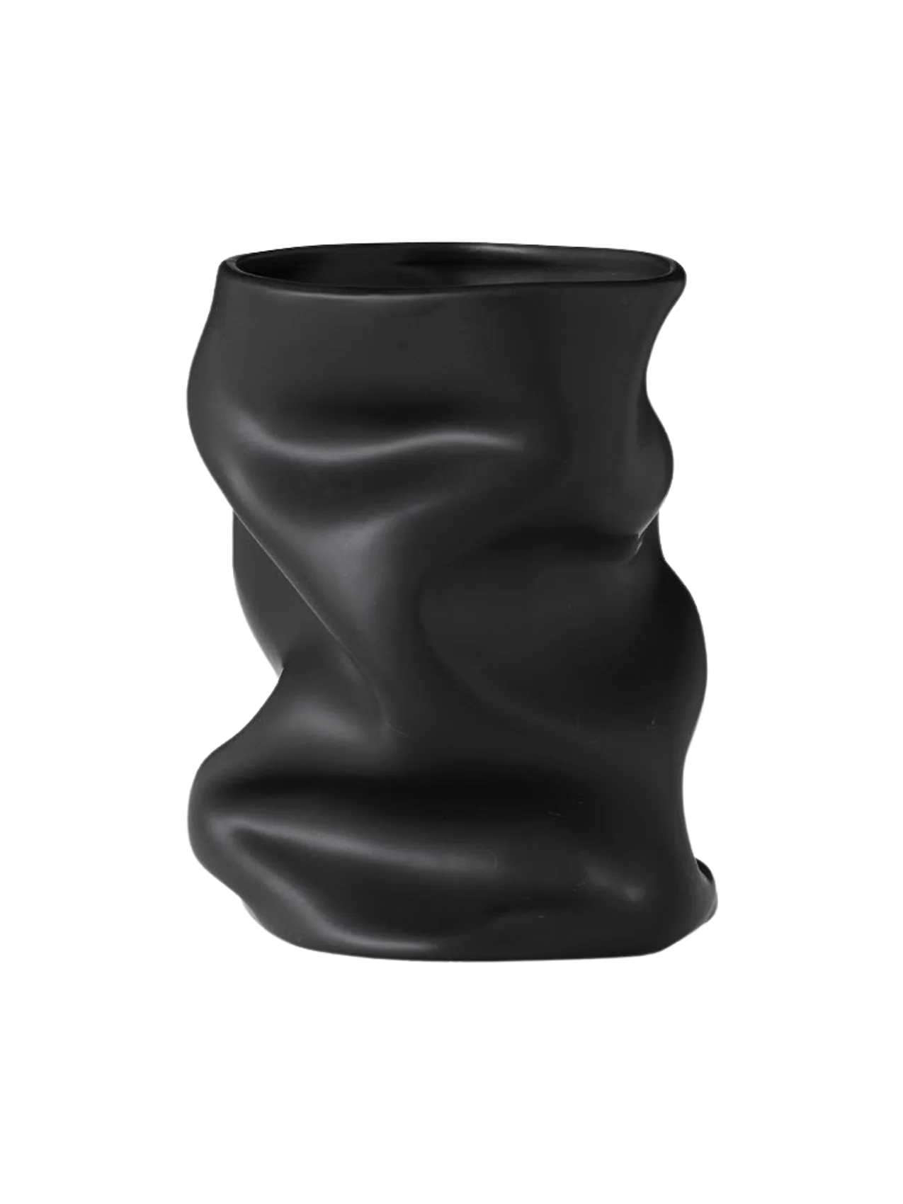 Angled view of the sculptural Collapse Vase in matte black. Its body is artfully crumpled and folded, creating soft shadows.