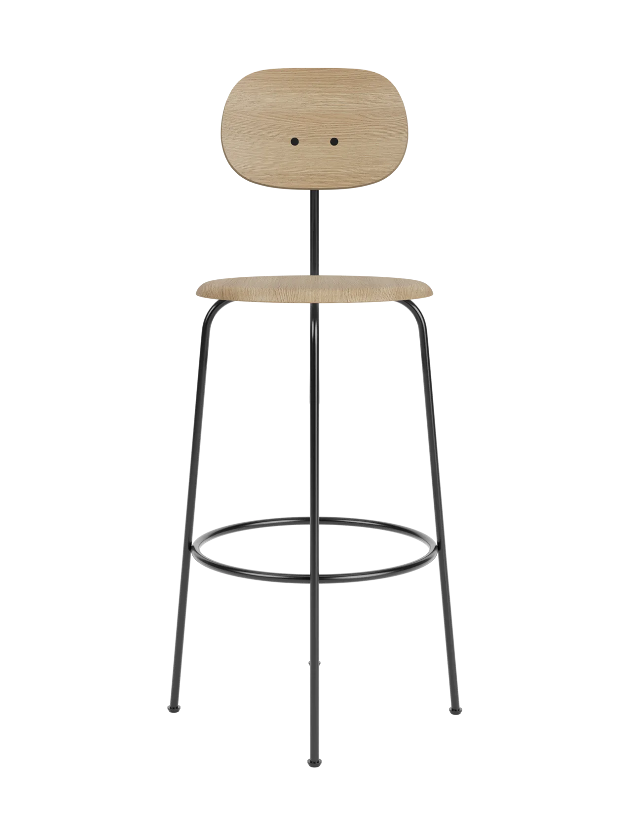 The Afteroom Bar Chair Plus, Veneer in Natural Oak with a light wood seat and backrest on a slender black frame.